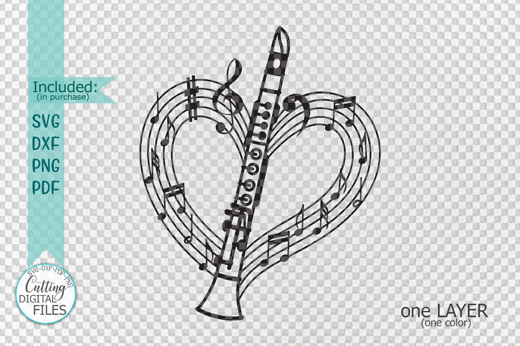 Clarinet musical heart shape svg dxf laser cut out template