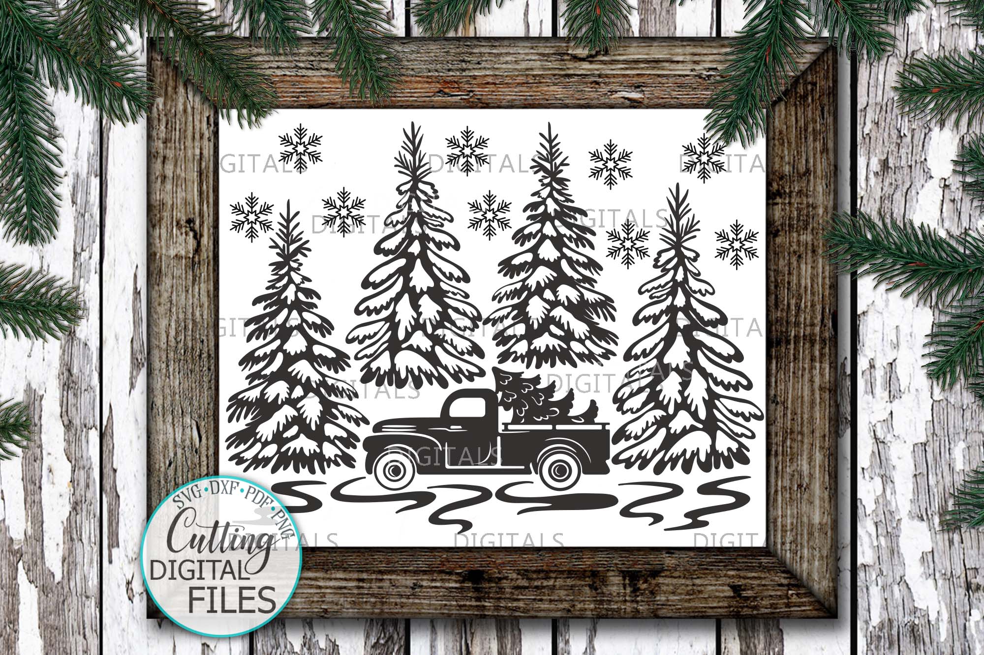 Christmas Truck with Trees Winter scene sign svg pdf design