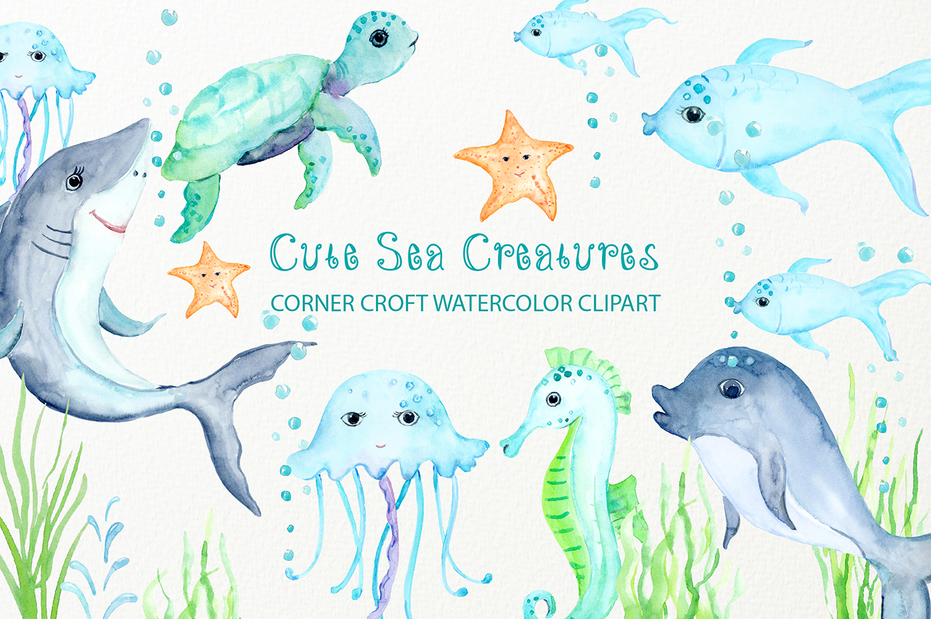 Watercolor Clipart Cute Sea Creatures