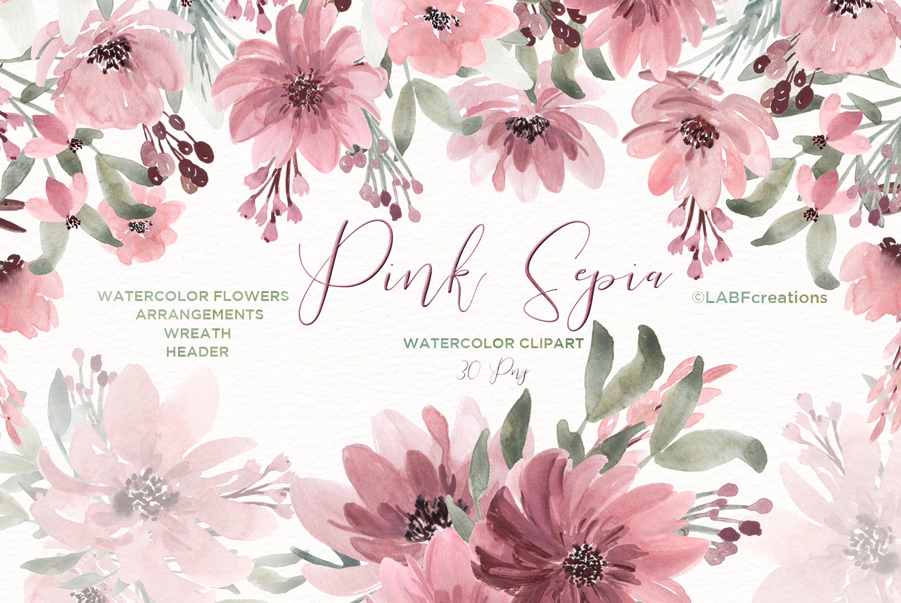 Pink Sepia. Watercolor flowers (217888) | Illustrations | Design Bundles