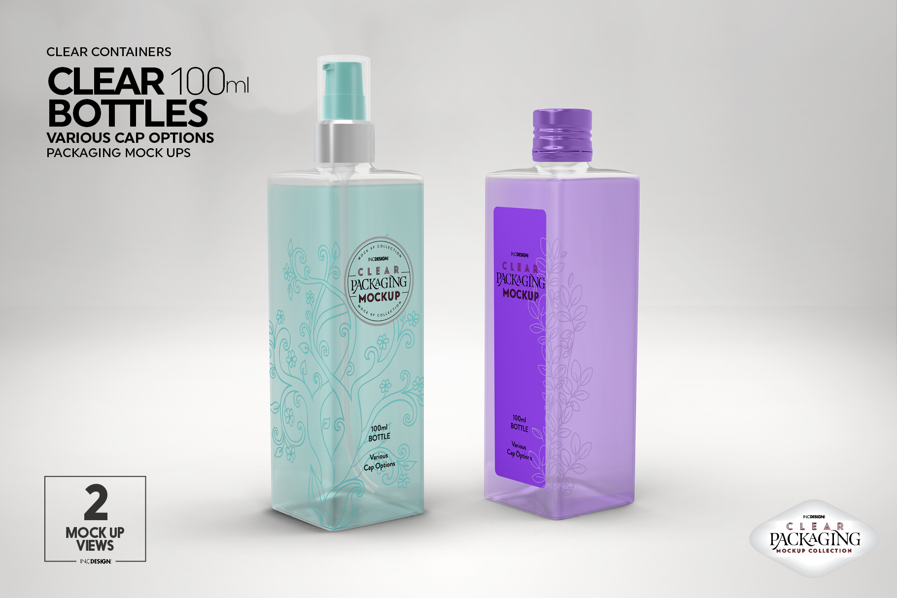 Download Clear 100ml PET Bottles Packaging Mockup (302630) | Branding | Design Bundles