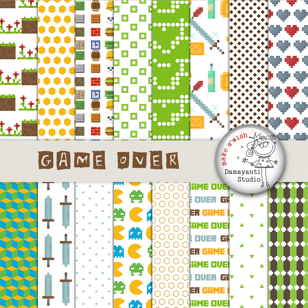 Pixel Arcade Games, digital paper, pacman clipart, tetris, pixel