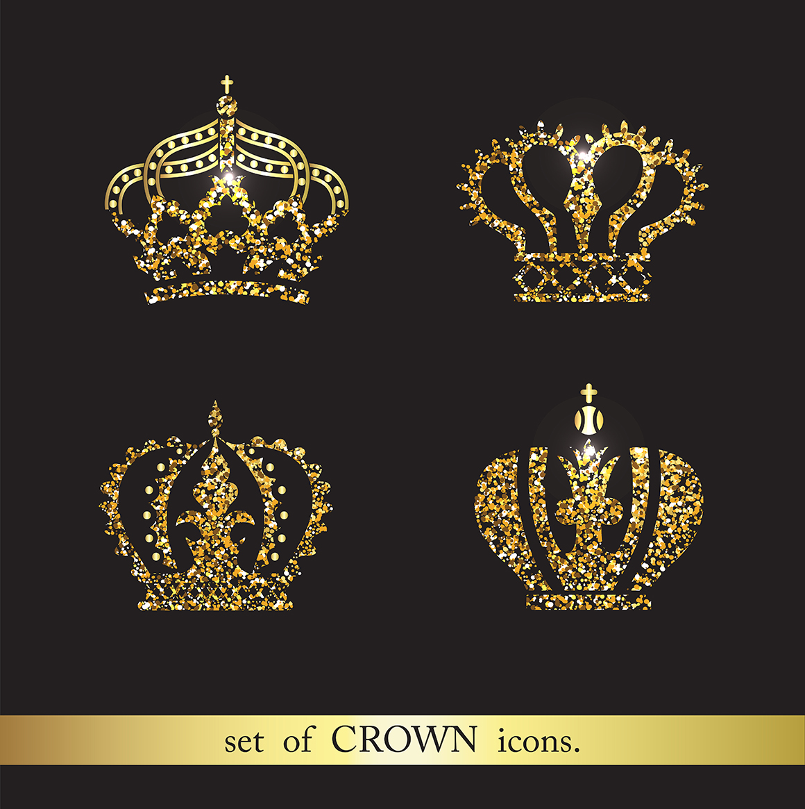 Set of gold and silver crown icons.