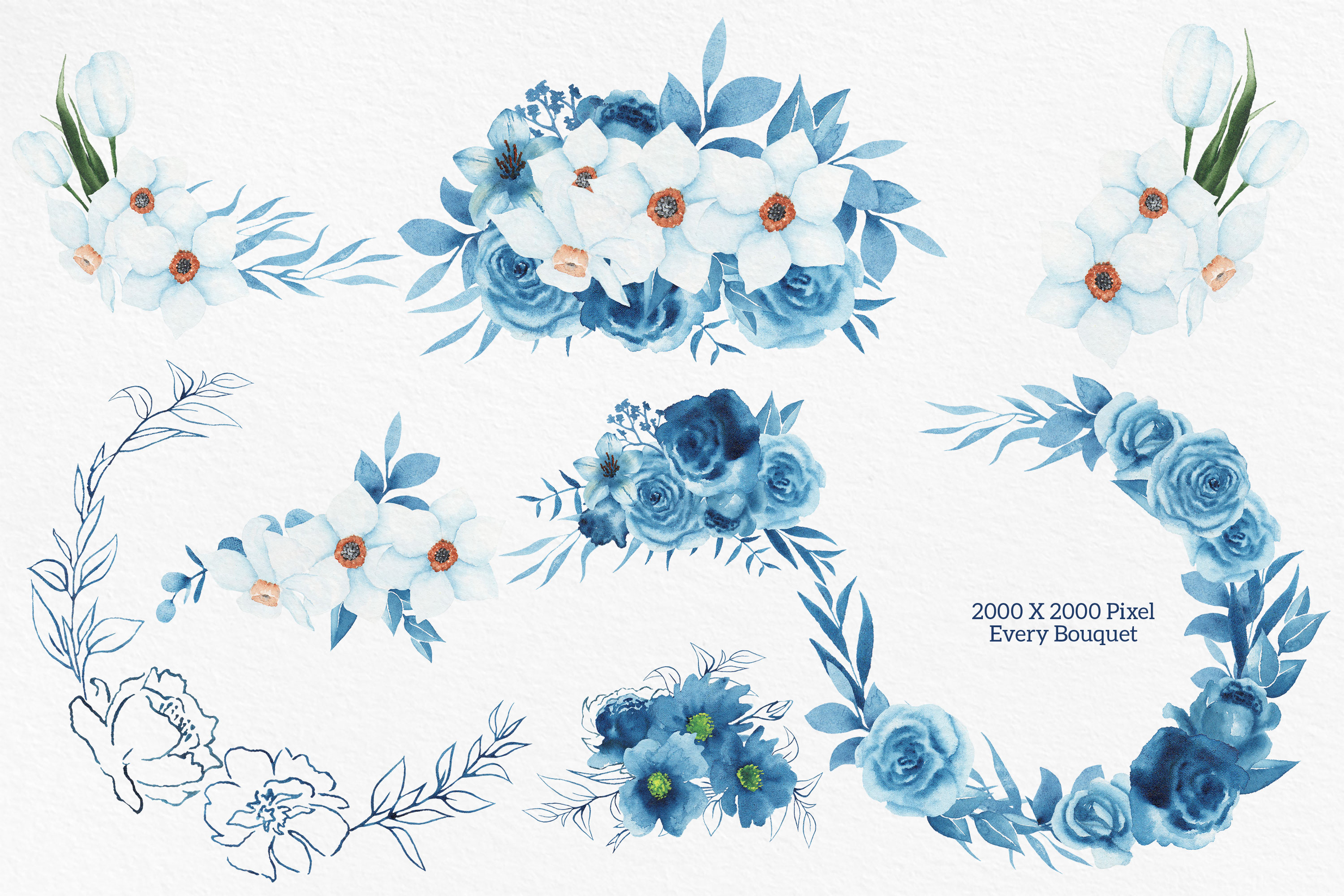 Blue watercolor floral clip art with bouquets