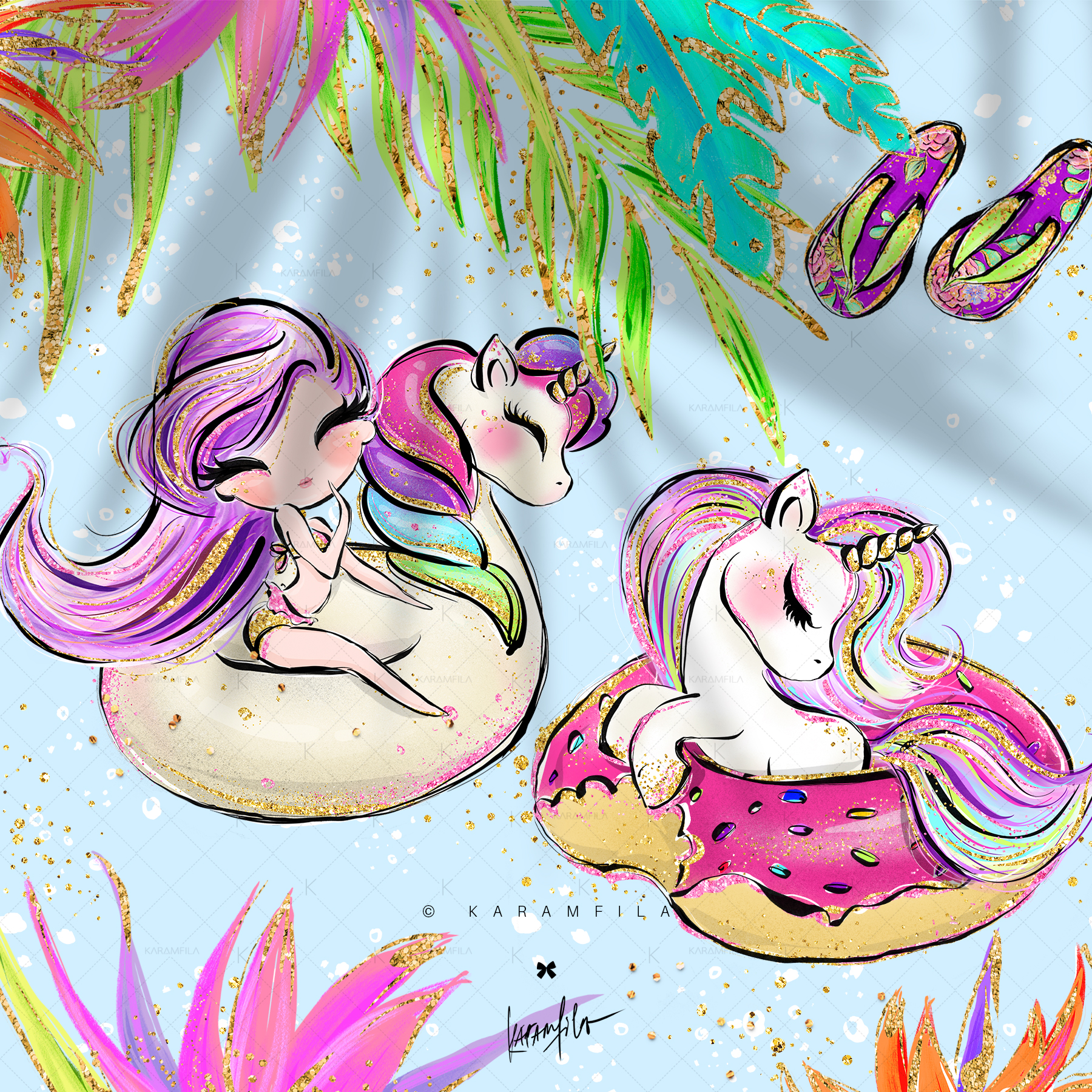 Unicorn Flamingo Summer Clipart, Pool Party.
