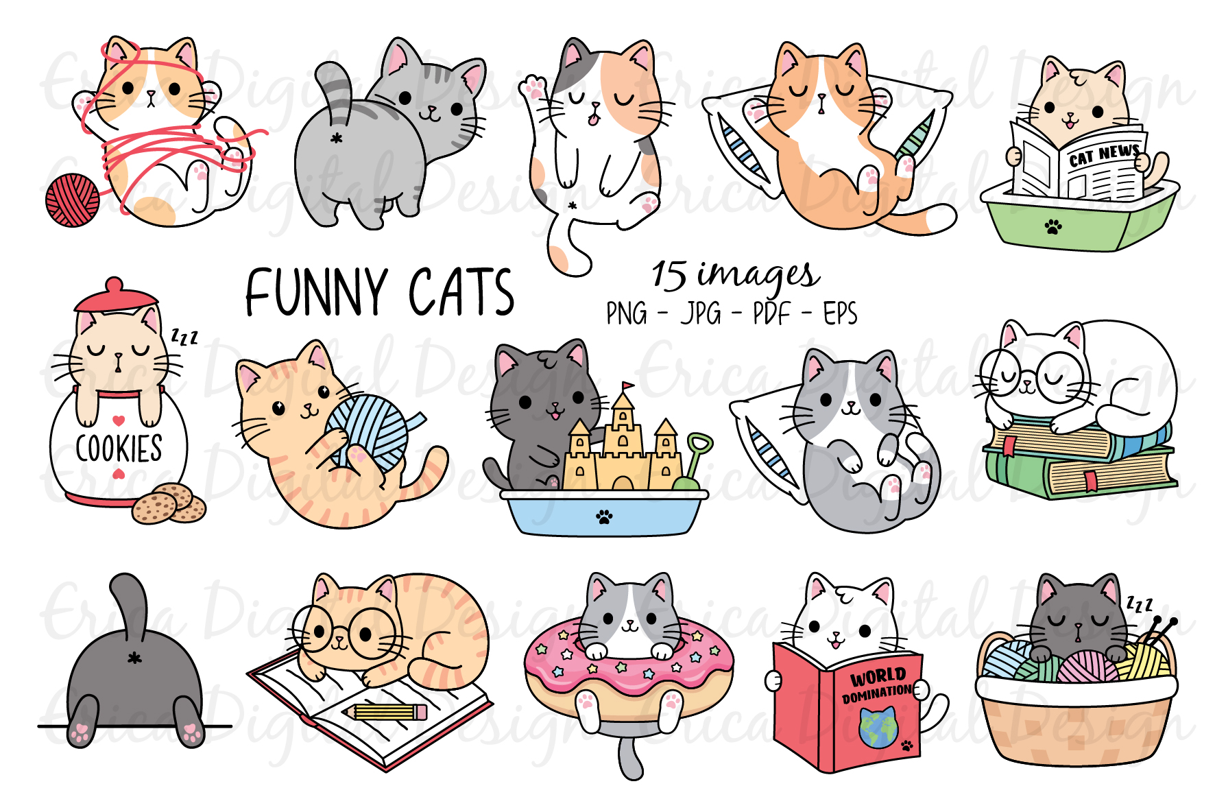 Funny Cats Clipart set 15 cute images
