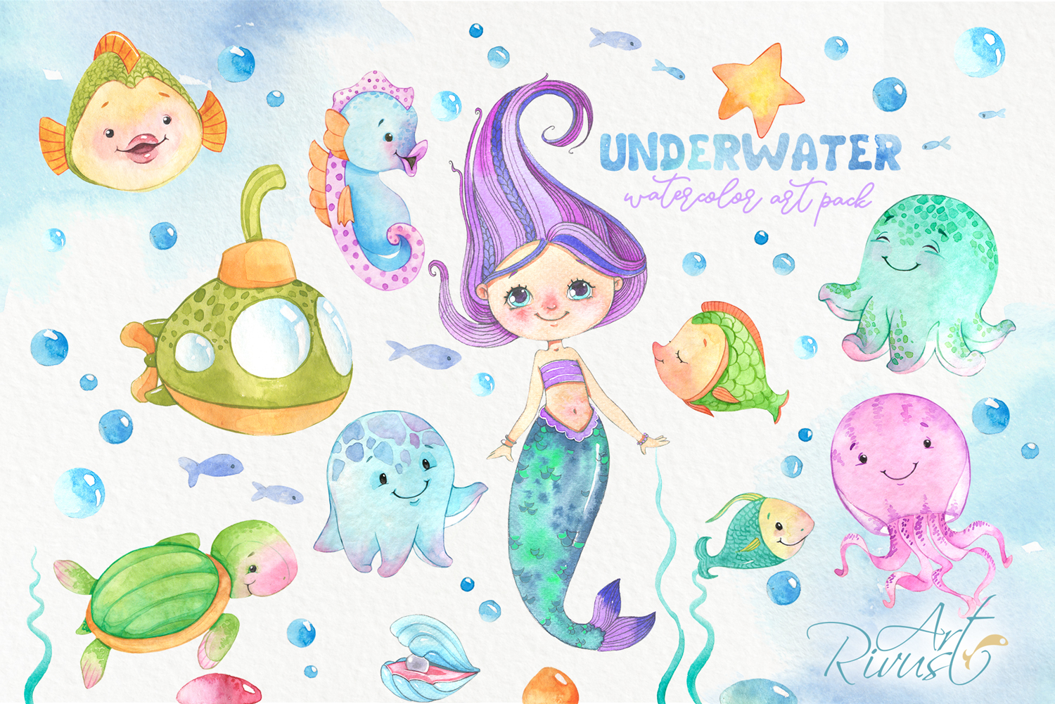 Download Mermaid And Underwater Friends Png Watercolor Clipart Pack