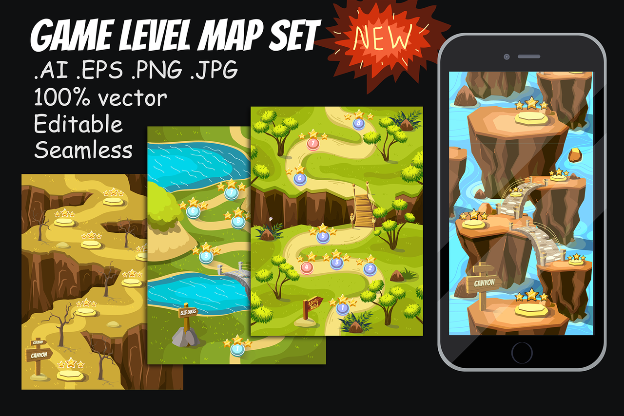 Game Level Map Set + Kit (79165) | Backgrounds | Design Bundles