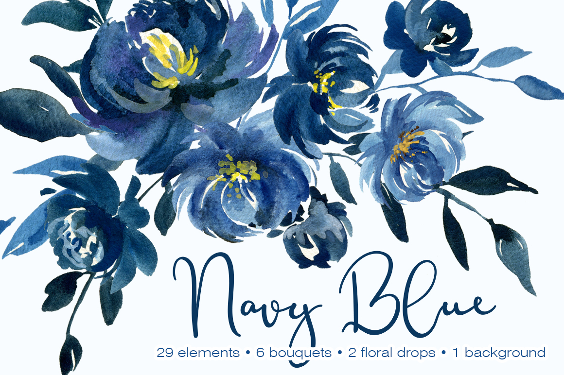 Navy Blue Watercolor Peonies Flowers Collection