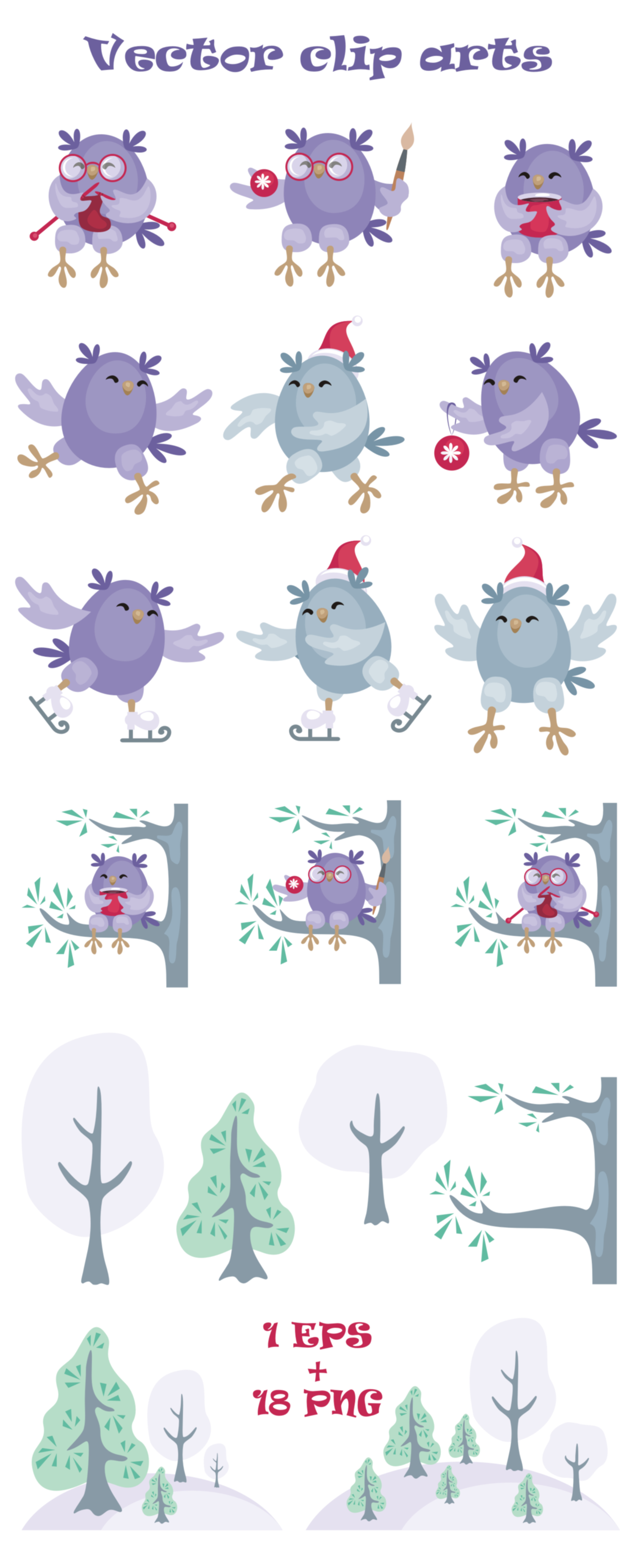 Download Christmas owls. Vector clip arts.