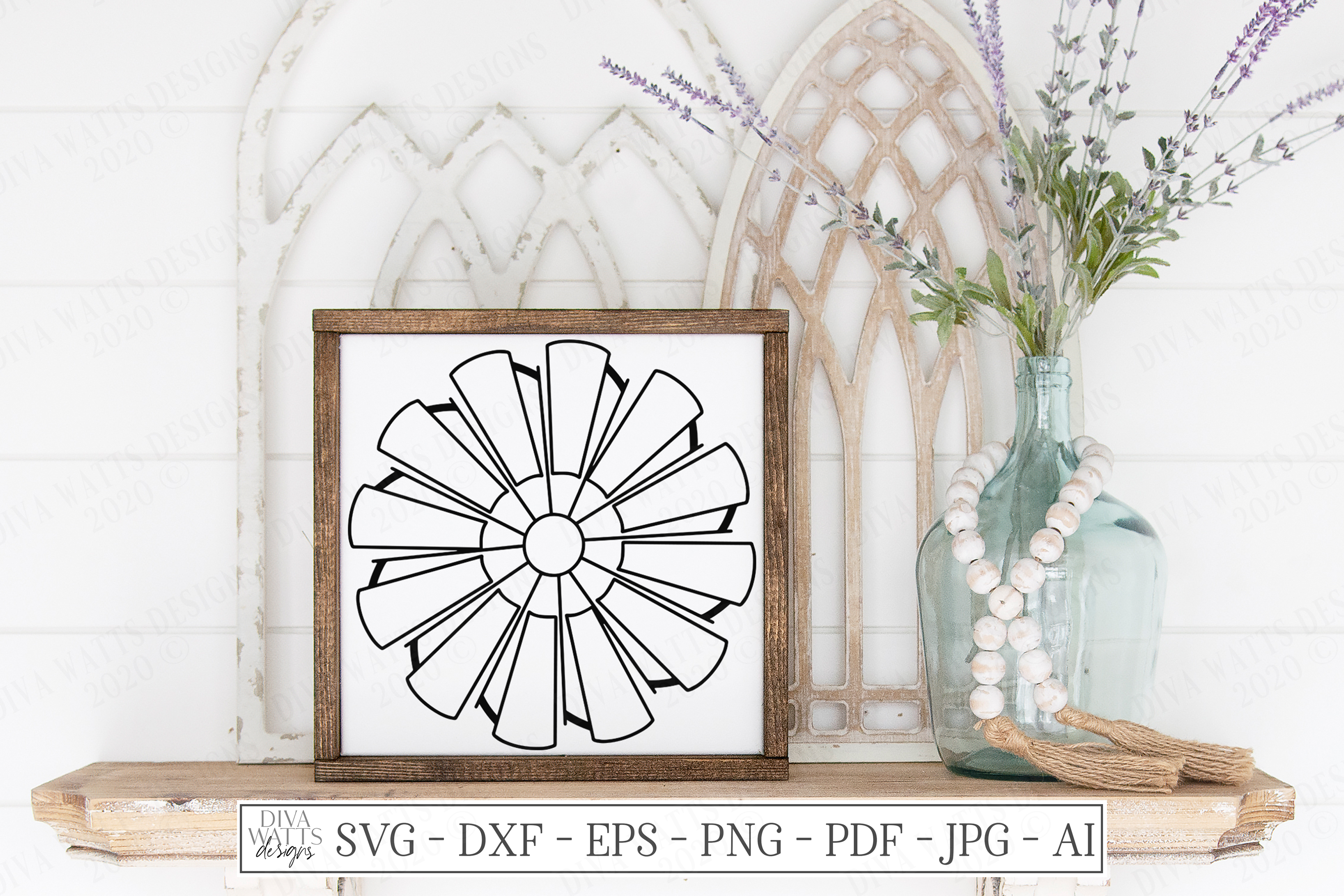 Download Windmill - Farmhouse Rustic - Line Art - Sign - SVG DXF EPS