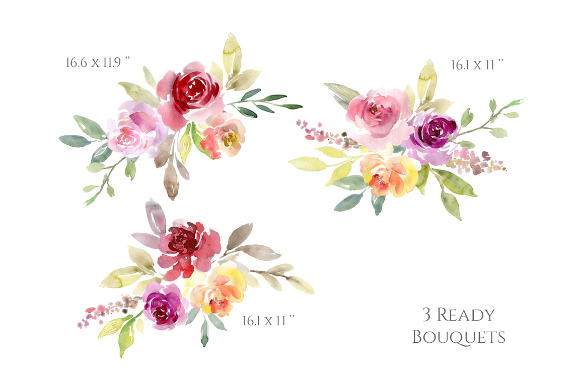Watercolor Pink Purple Flowers and Bouquets PNG