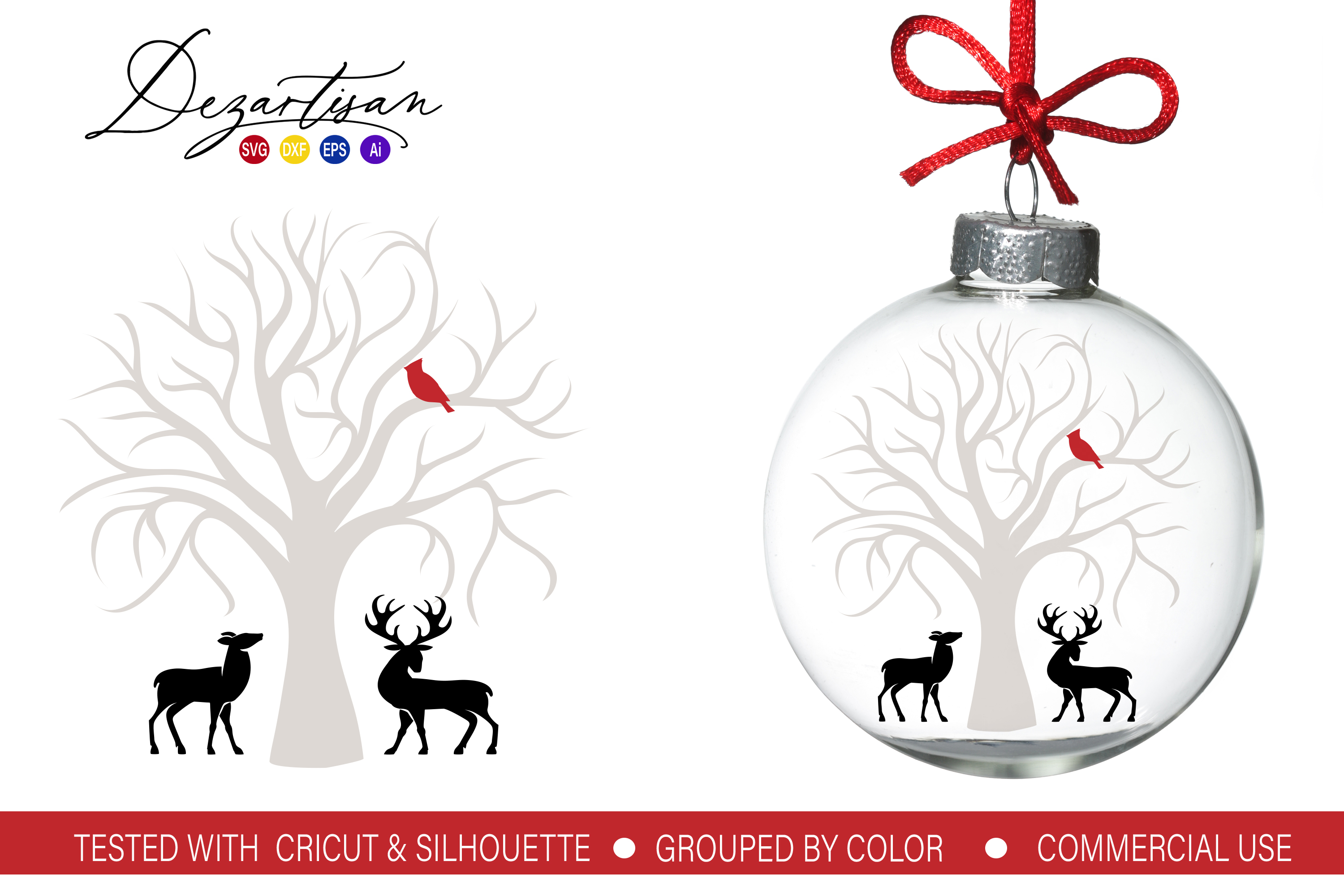 Christmas Cardinal Tree Deer SVG DXF cut fi