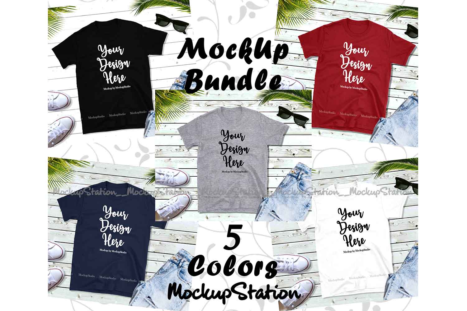 Download Tshirt Mockup Bundle 5 Colors Gildan 64000 Shirt Flat Lay
