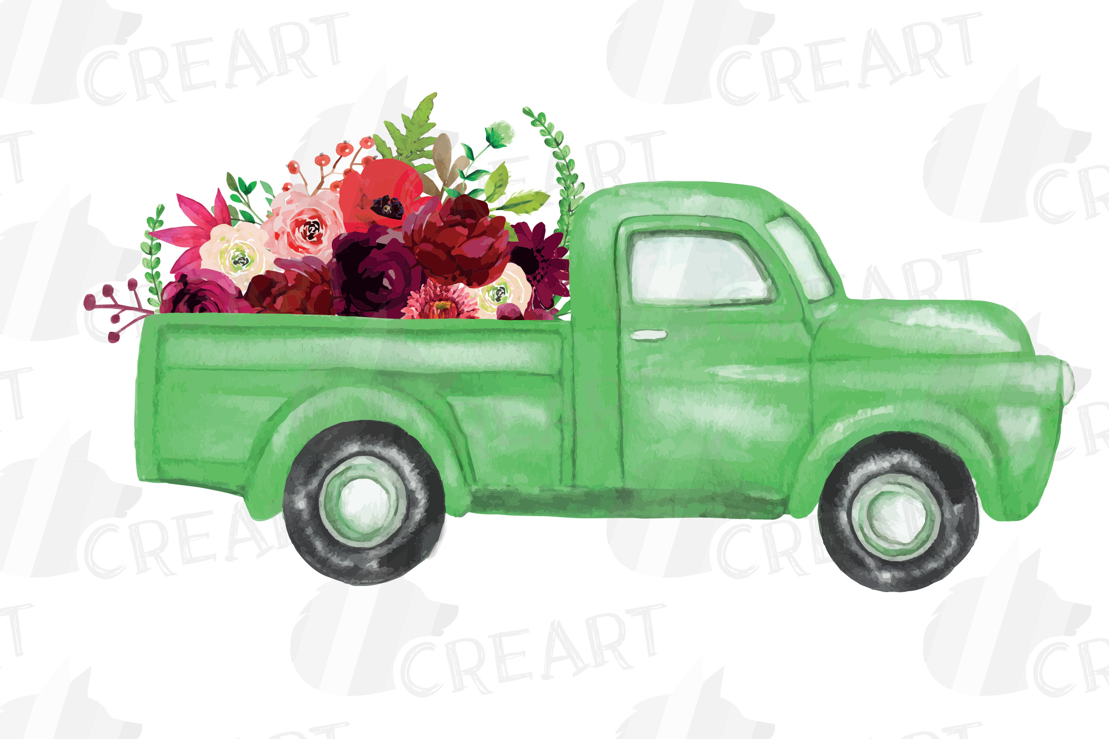 Floral watercolor pickup truck clip art, bridal decoration.