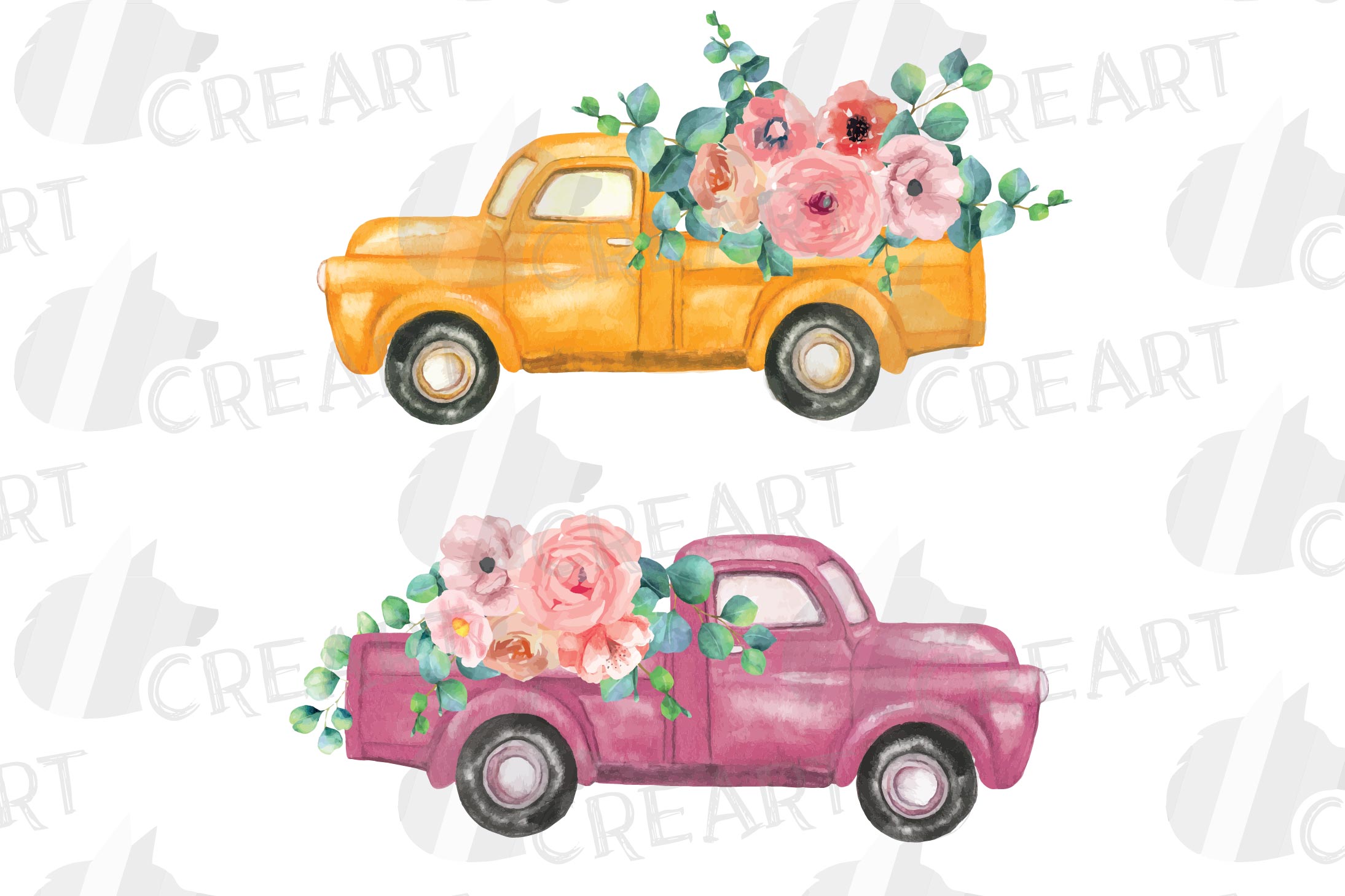 Printable floral pickup trucks wedding decoration clip art.