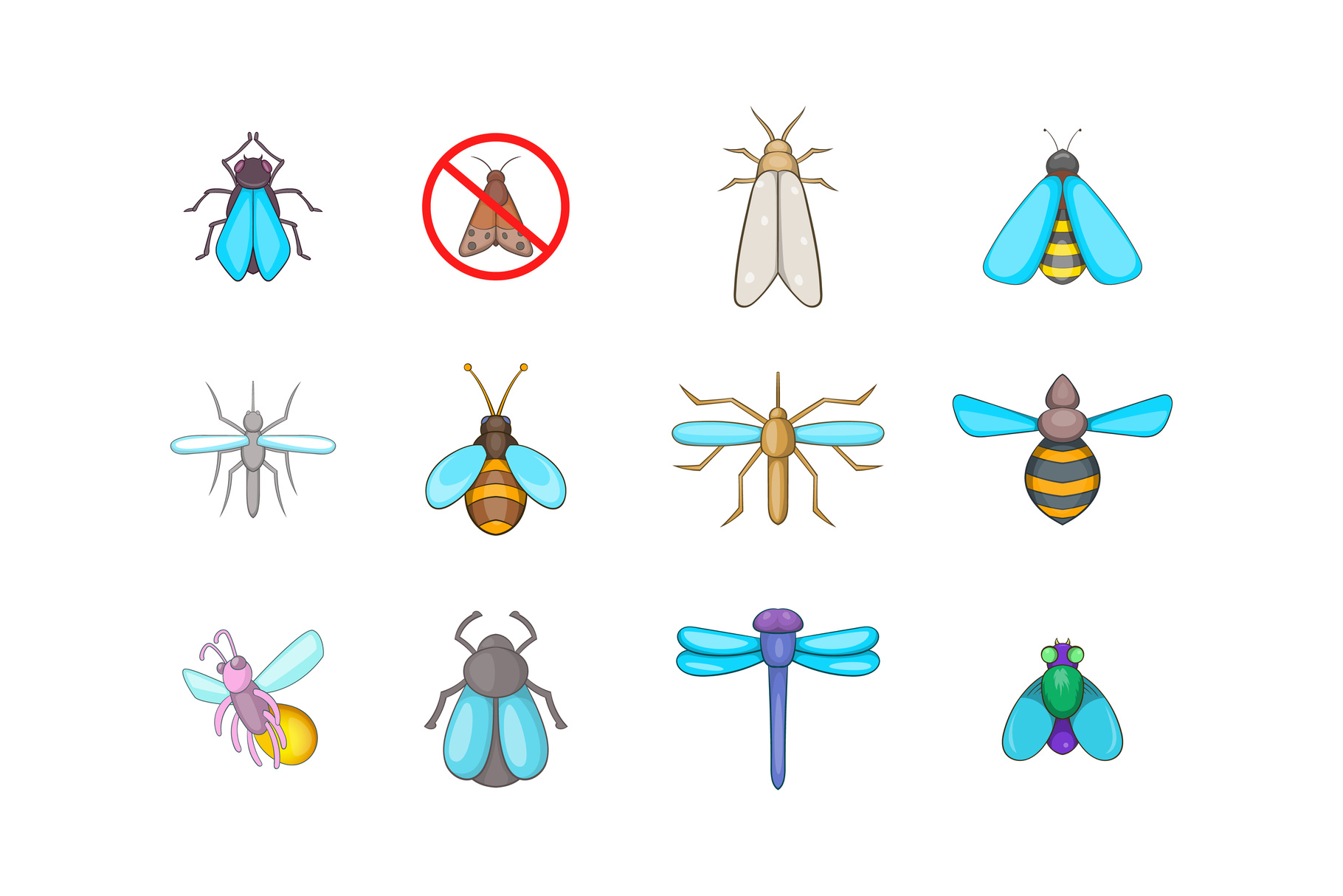 Insects icon set, cartoon style