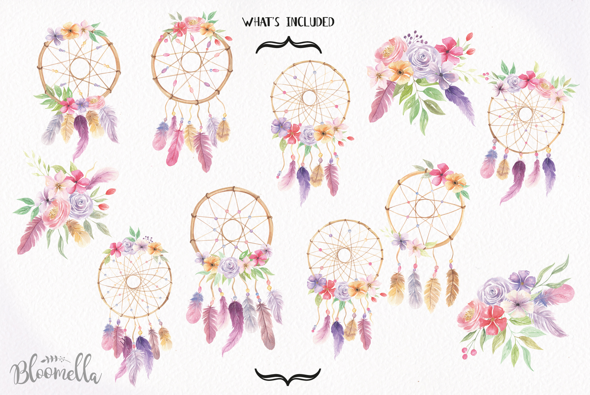 Watercolor Dreamcatchers Clipart Bouquets Flowers Florals Feathers