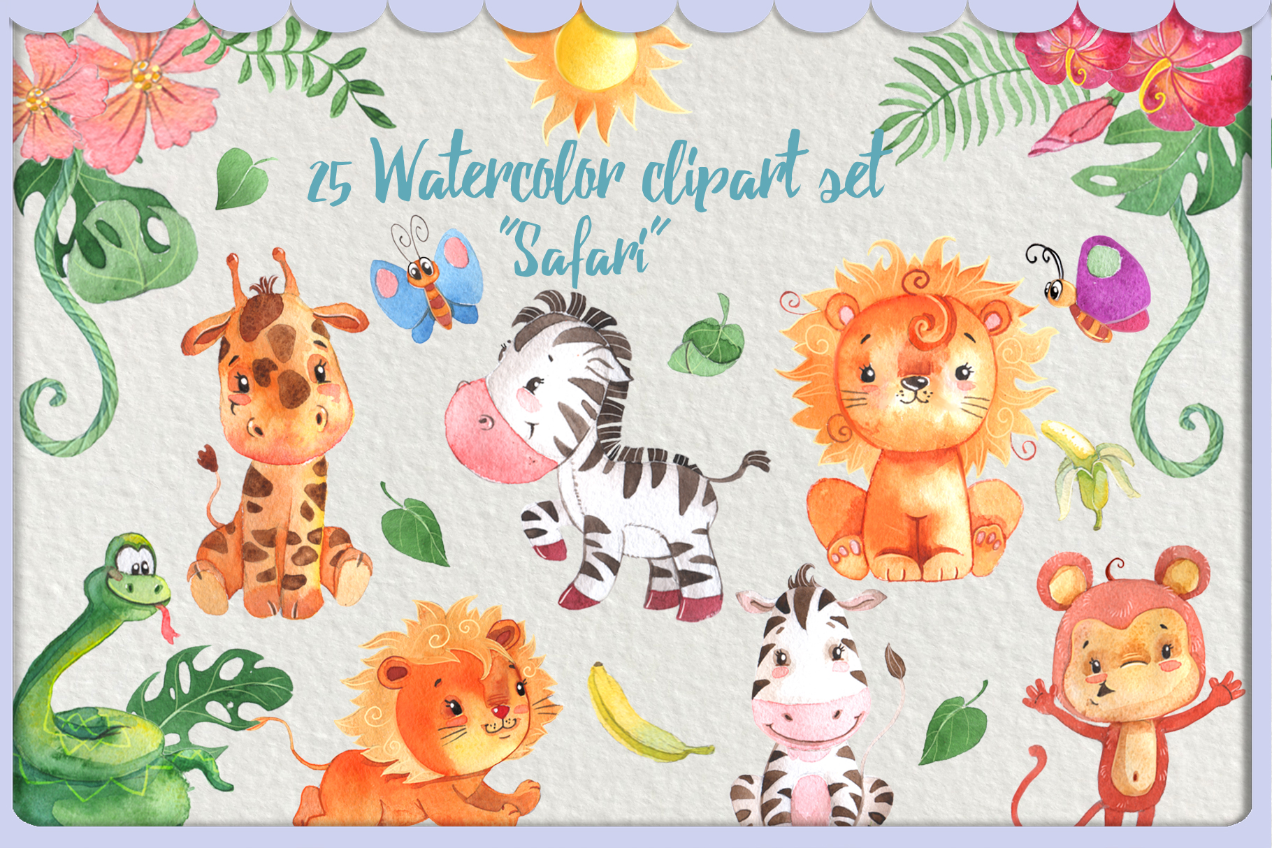 Watercolor Safari Animals clipart pack or kids