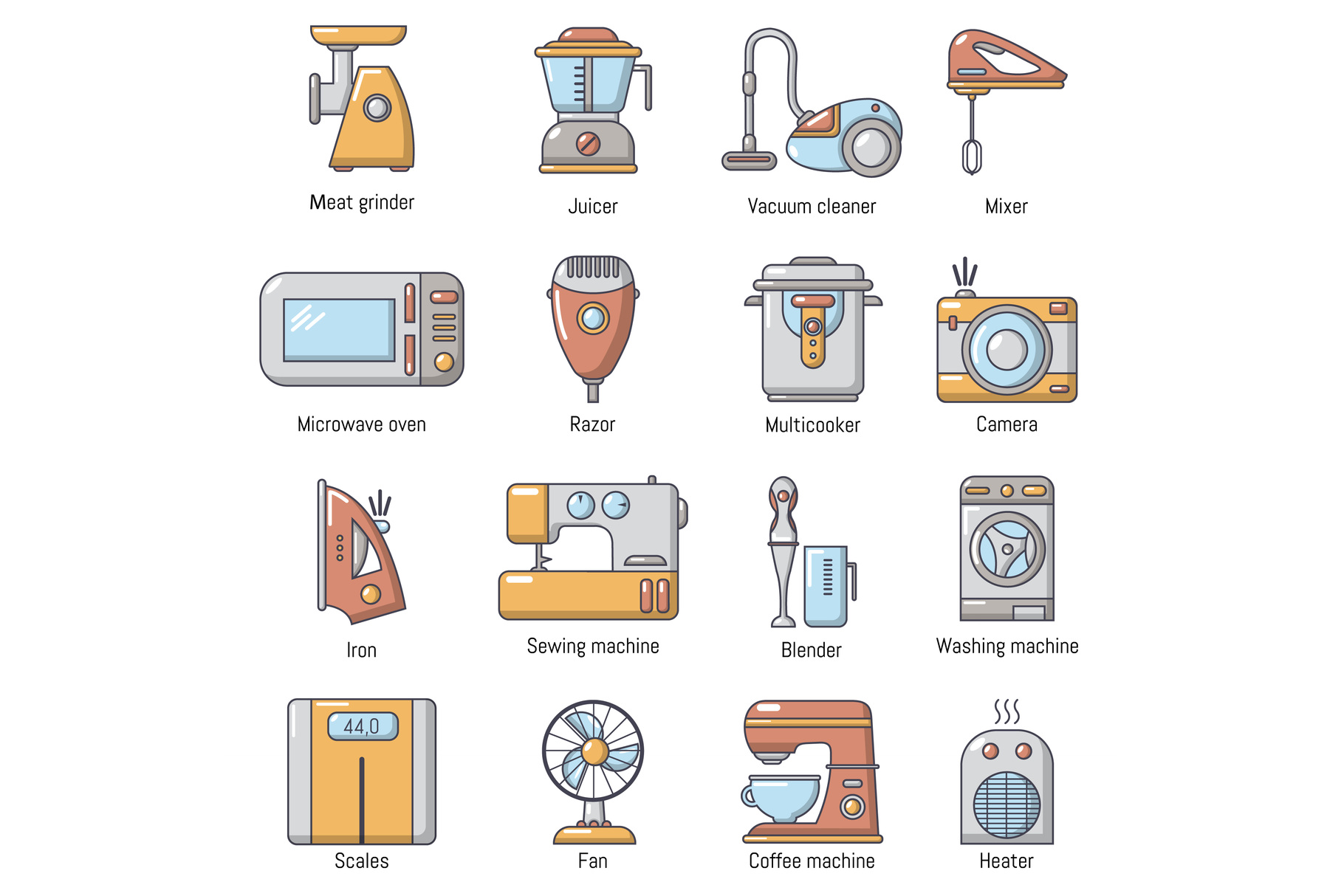 Domestic appliances icons set, cartoon style