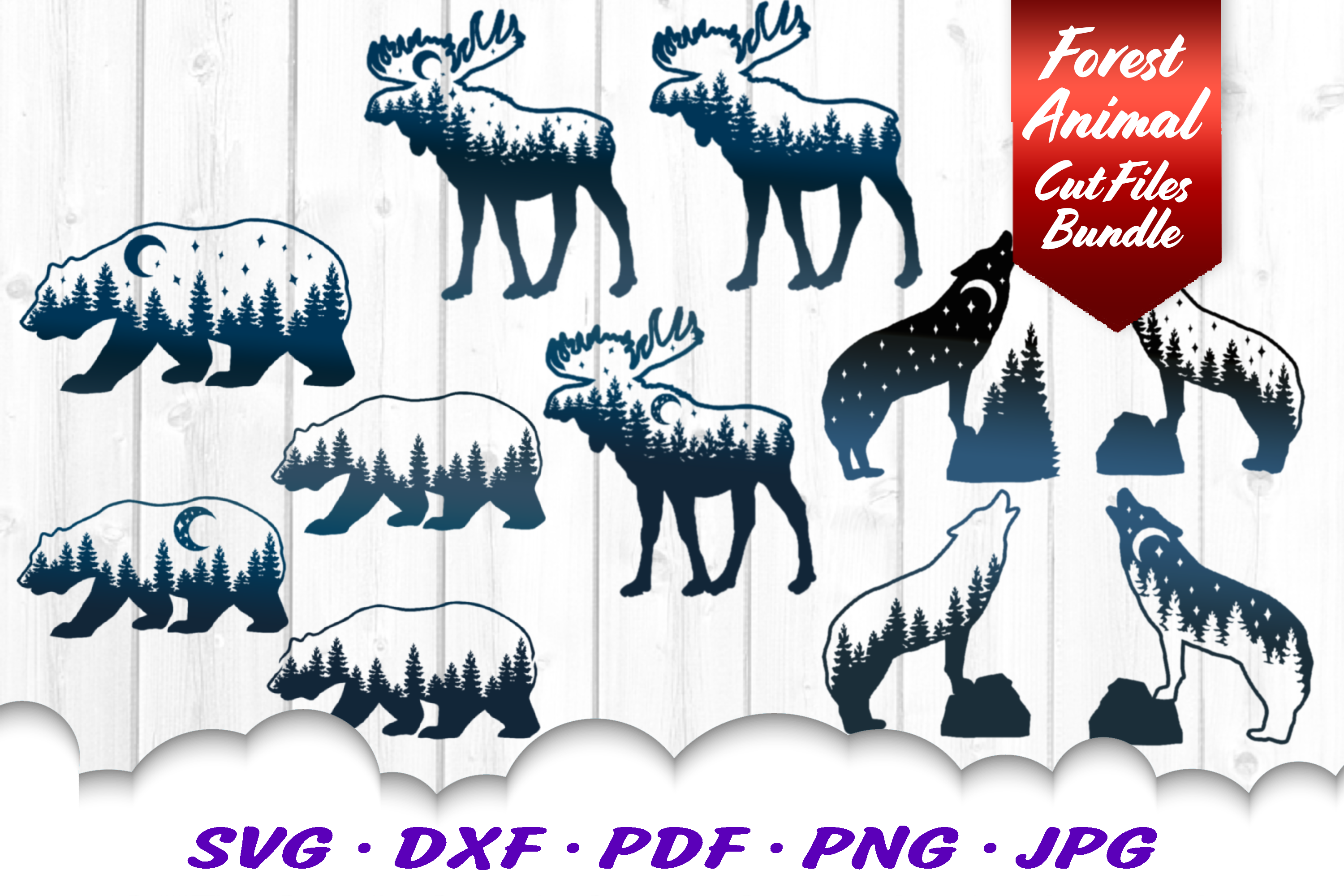 Download Moose Bear Wolf Forest Moon Animal SVG DXF Cut Files Bundle