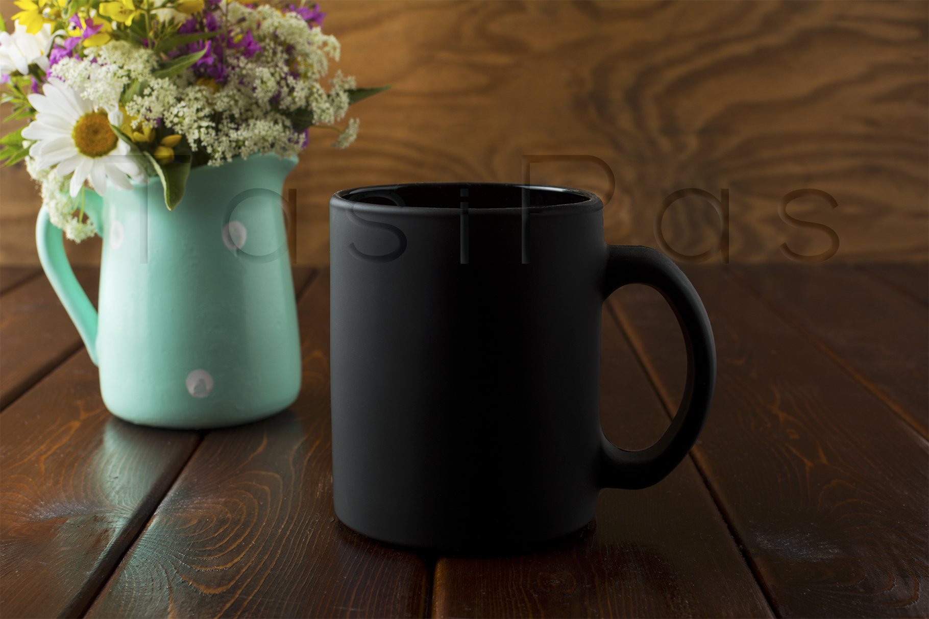 Download Black coffee mug rustic mockup with wildflowers in mint ...
