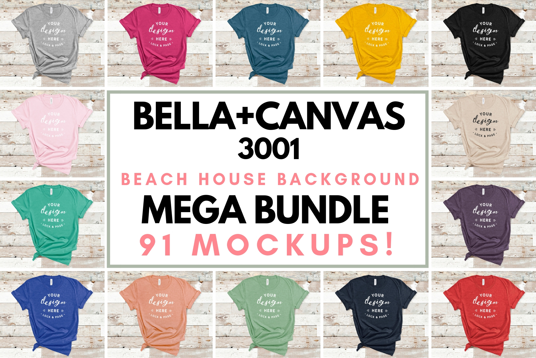Download Bella Canvas 3001 Mockup T-Shirt Bundle All Colors On Wood