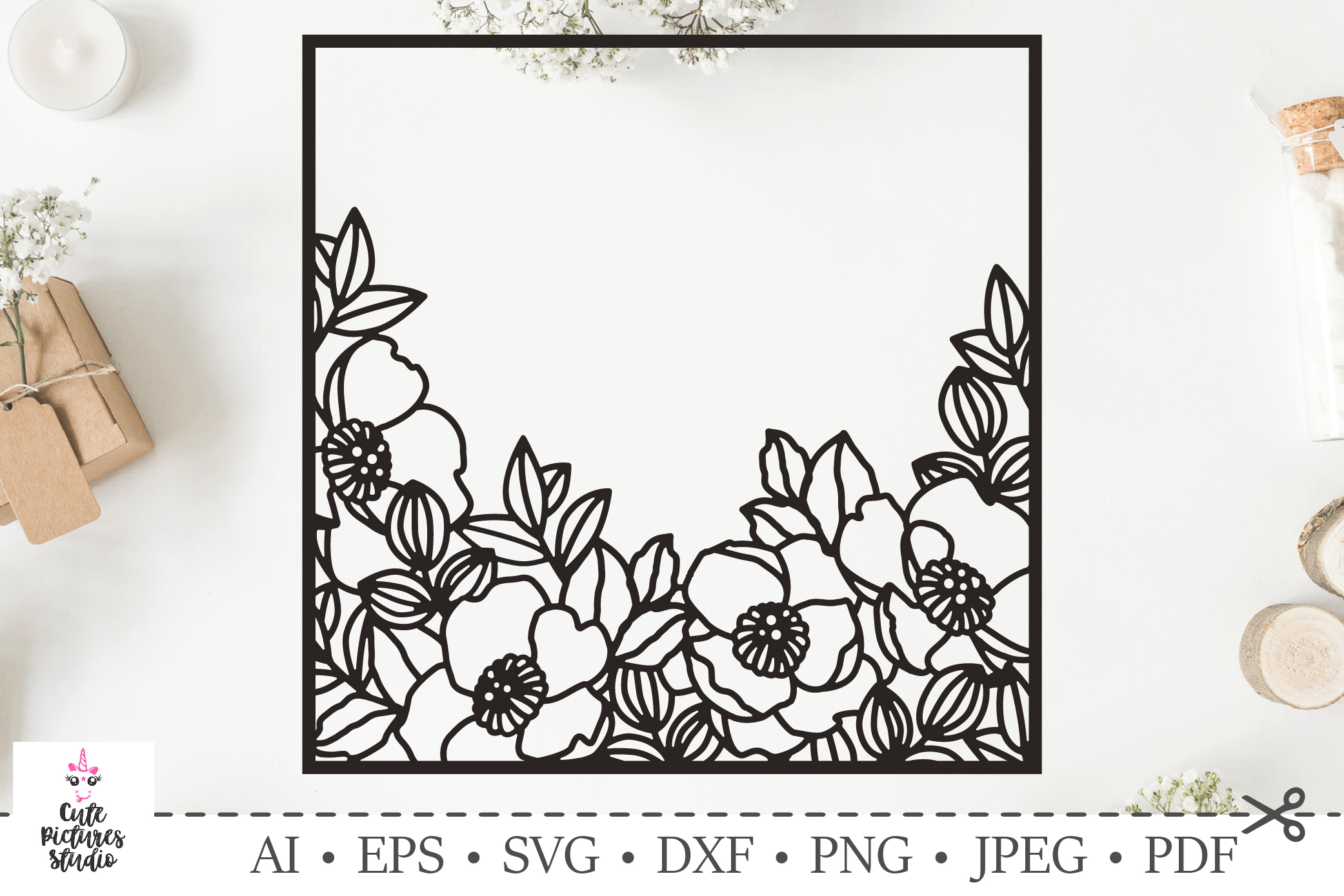 Download Square frame with flowers.Wedding monogram. SVG DXF cut file