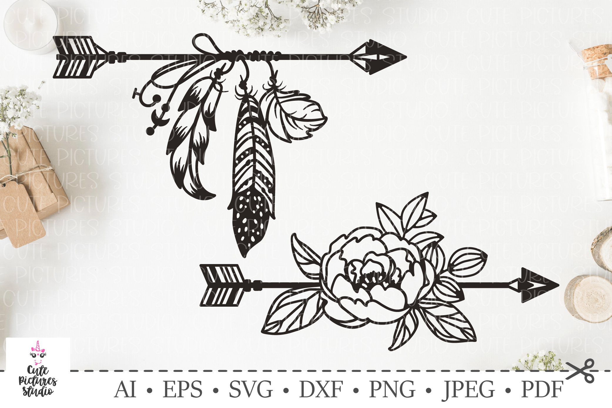 Set of arrows with feathers, flowers.SVG bundle. Boho style.