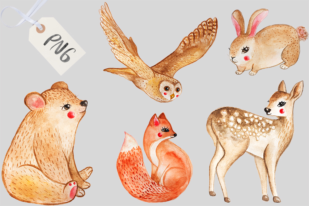 Watercolor Woodland Animals (48987) | Illustrations | Design Bundles