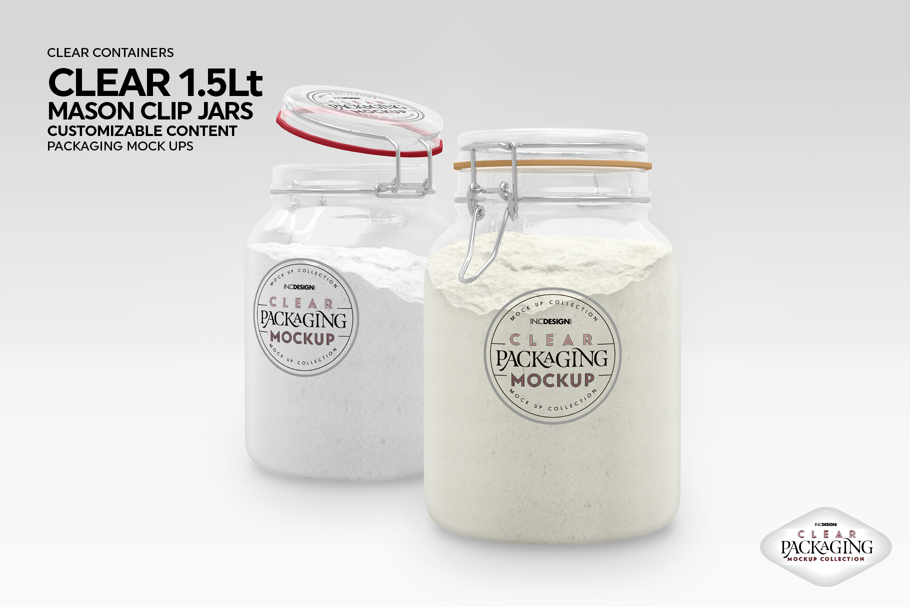 Download Clear 1.5 Liter Mason Clip Jar Packaging Mockup (274505) | Branding | Design Bundles