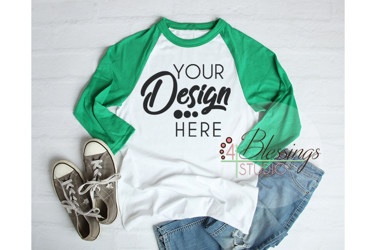 Raglan Shirt Mockup - Baseball TShirt White and Green Raglan (145901) | Mock Ups | Design Bundles
