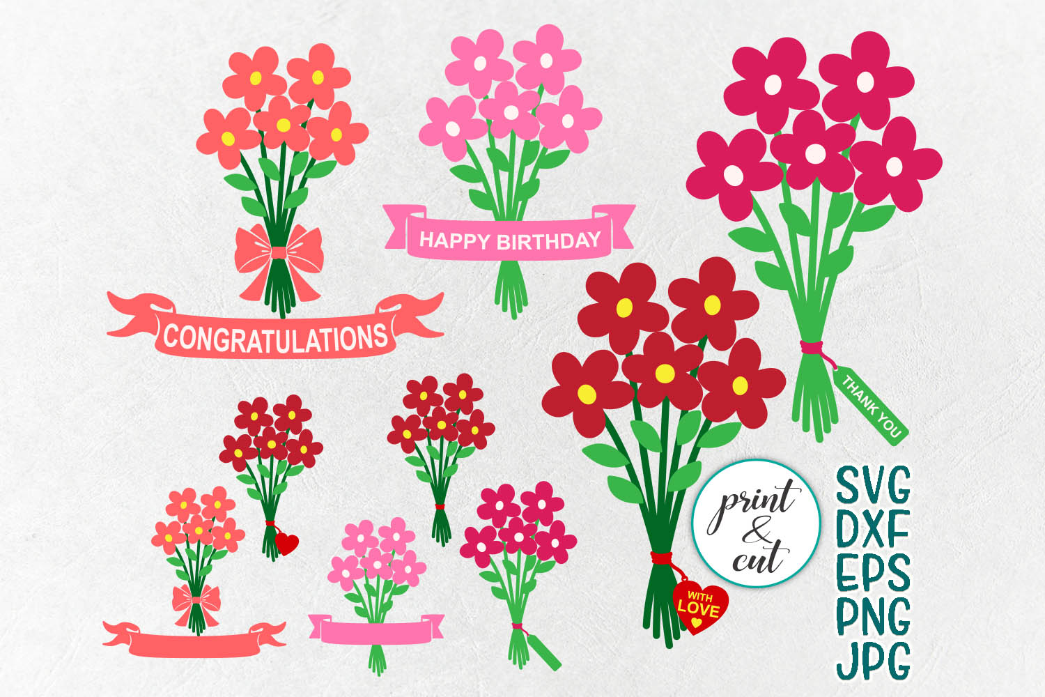 Congratulations flowers bouquet svg dxf bundle for ...
