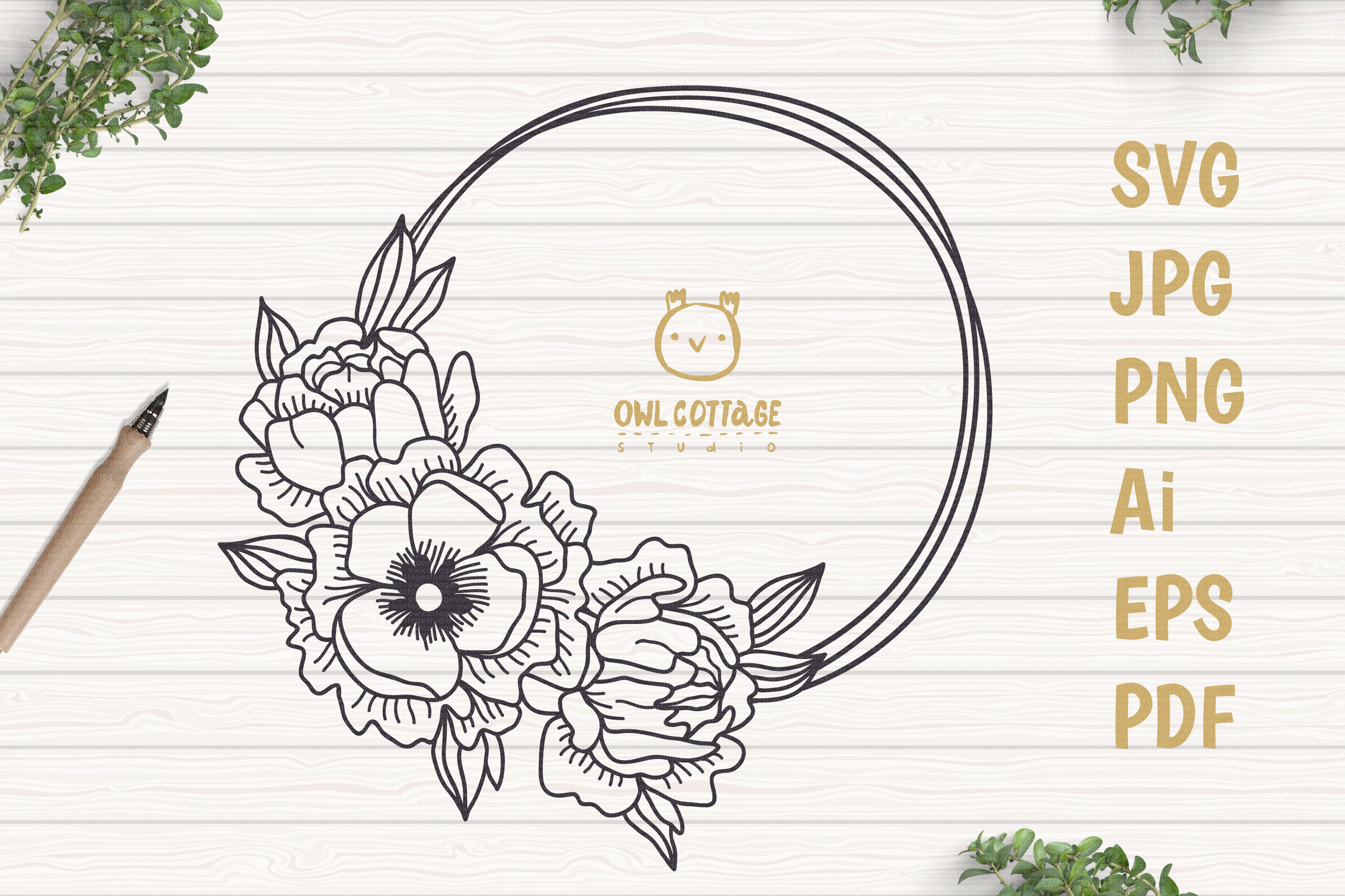 Circle Flower Wreath SVG, Flower monogram cut file, Wedding