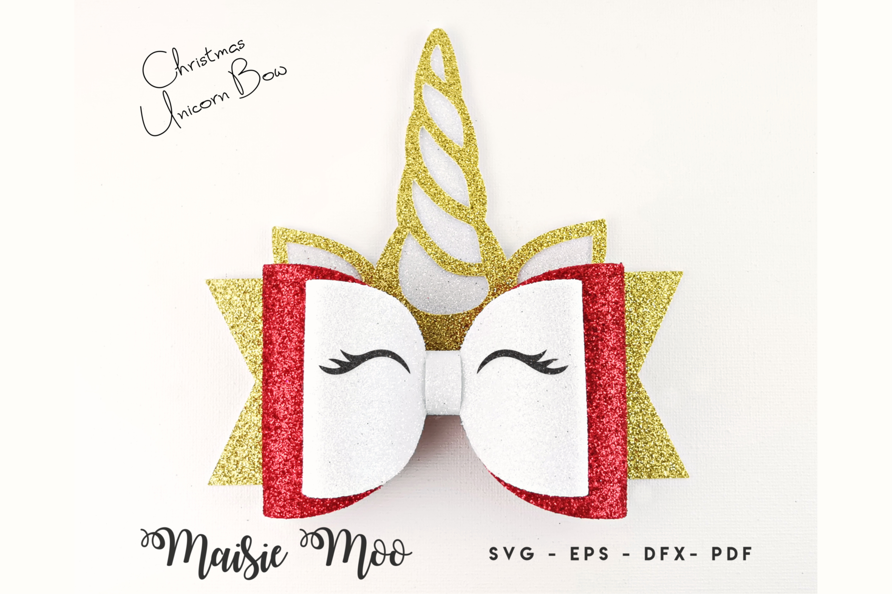 Christmas Unicorn Bow Template SVG, Festive Hair Bow PDF,