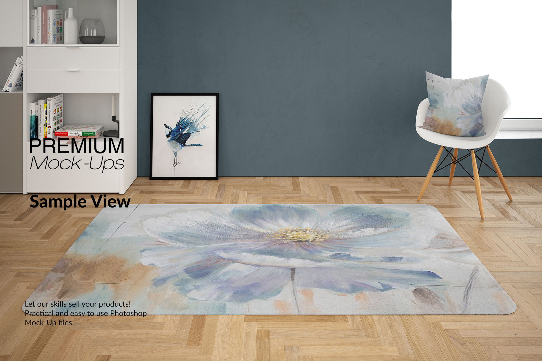 Download 4 Types of Carpets & Pillow in Living Room Mockup Set (201079) | Mock Ups | Design Bundles