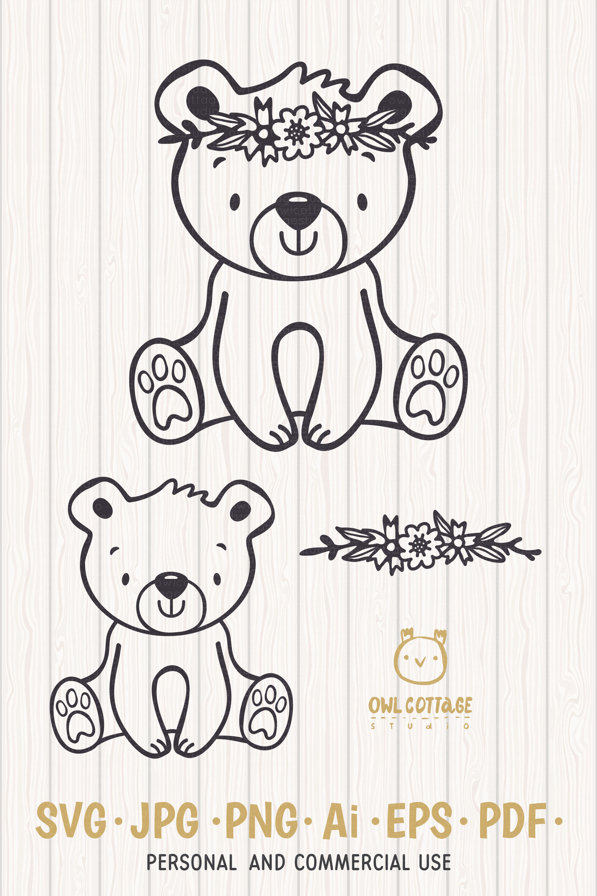 Little Bear with Flowers Crown Svg , Baby Bear Cut File, Ted