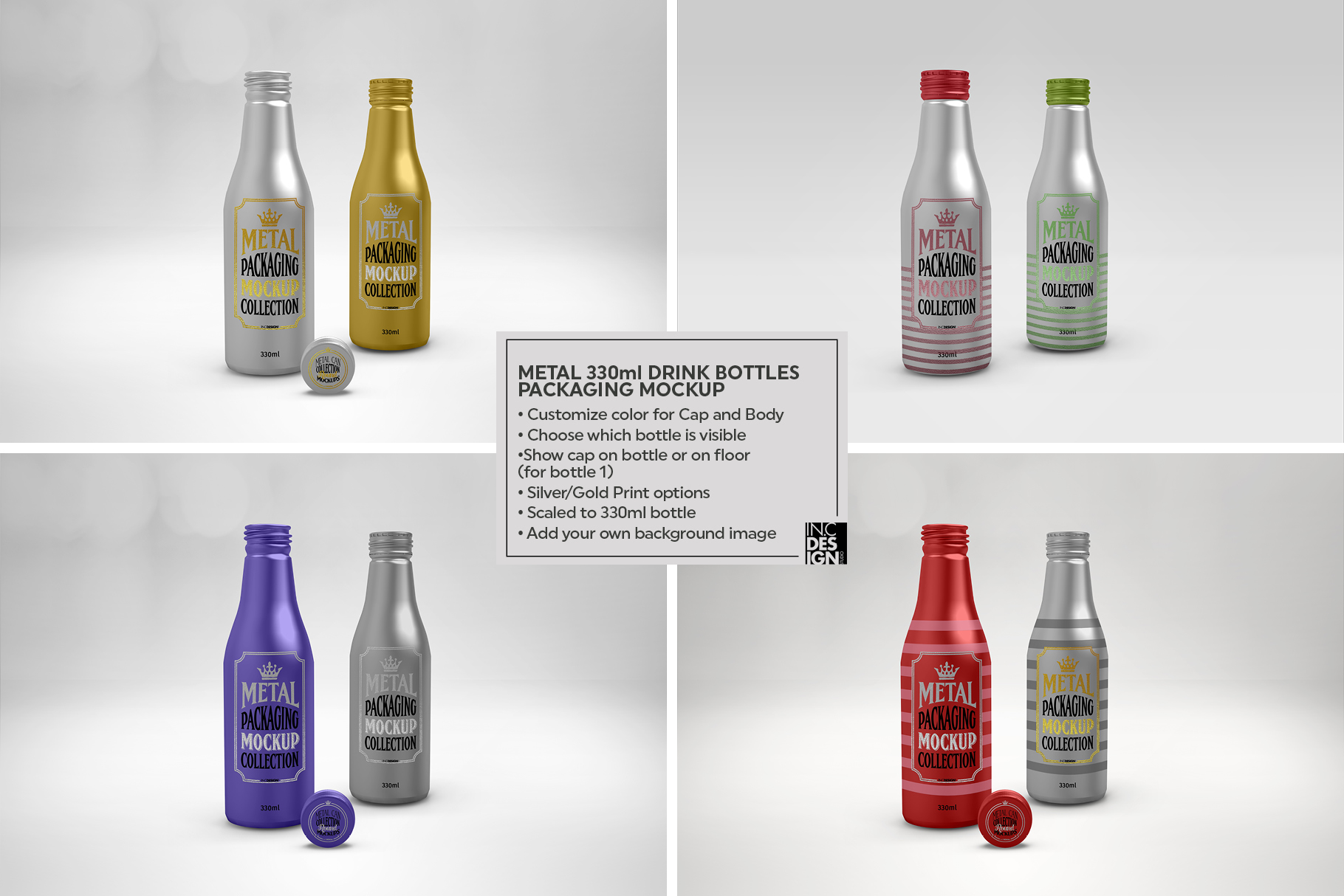 Download Metal 330ml Drink Bottles Packaging Mockup (277193) | Branding | Design Bundles