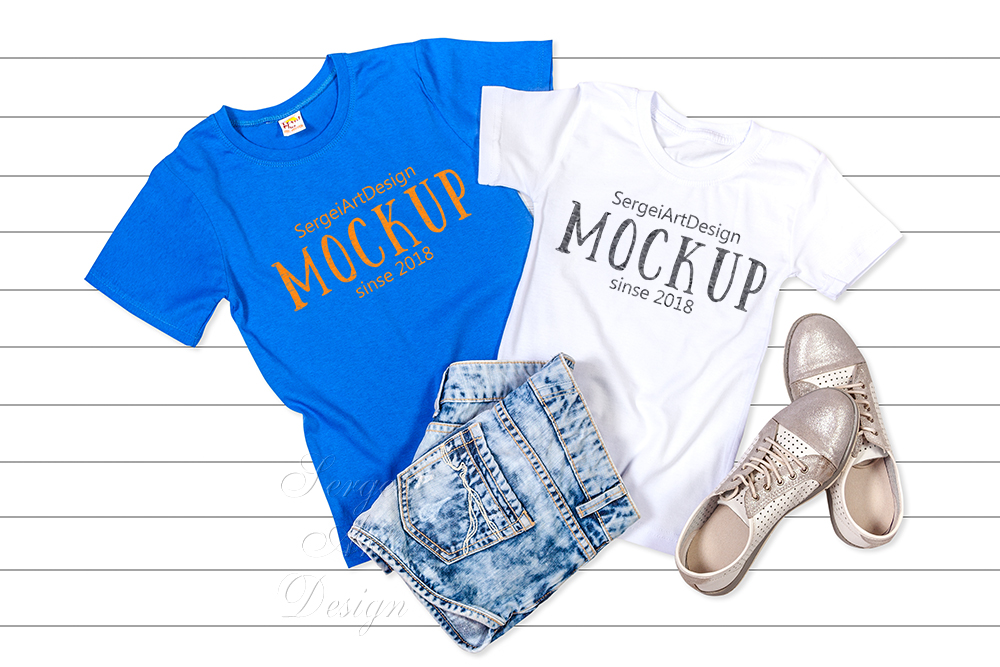 Download Blue and White T-Shirt Mockup, Flat Lay Tee Shirts (168829) | Mock Ups | Design Bundles