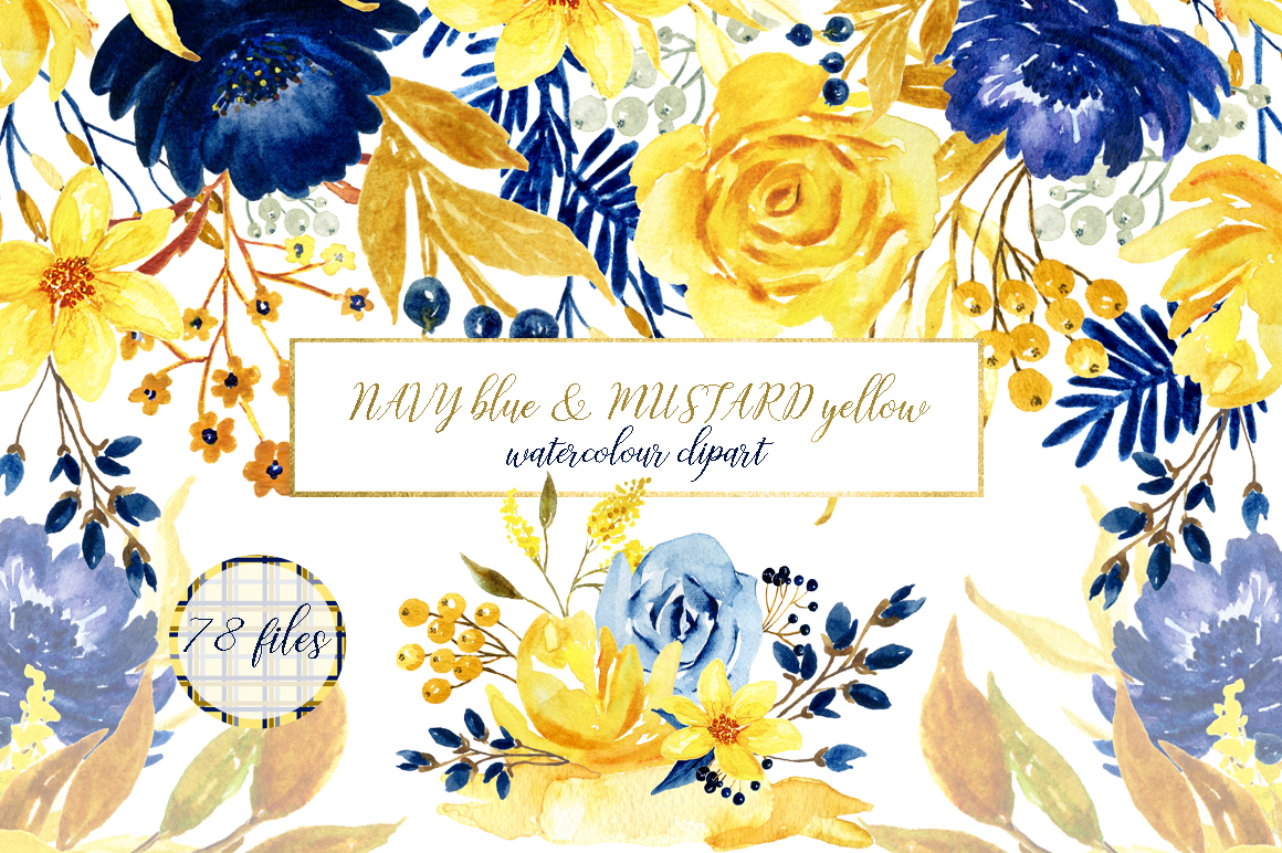 Blue and yellow watercolor flowers