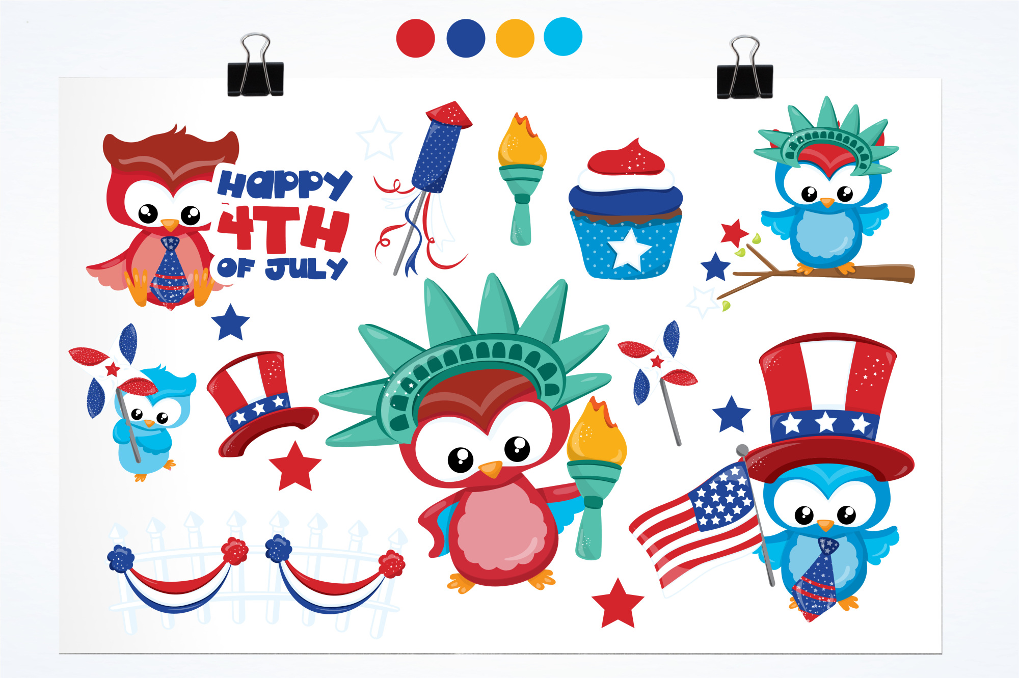 4th July Owls graphics and illustrations