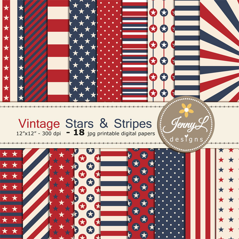 Vintage 4th of July Digital Paper, Stars and Stripes, Patriotic