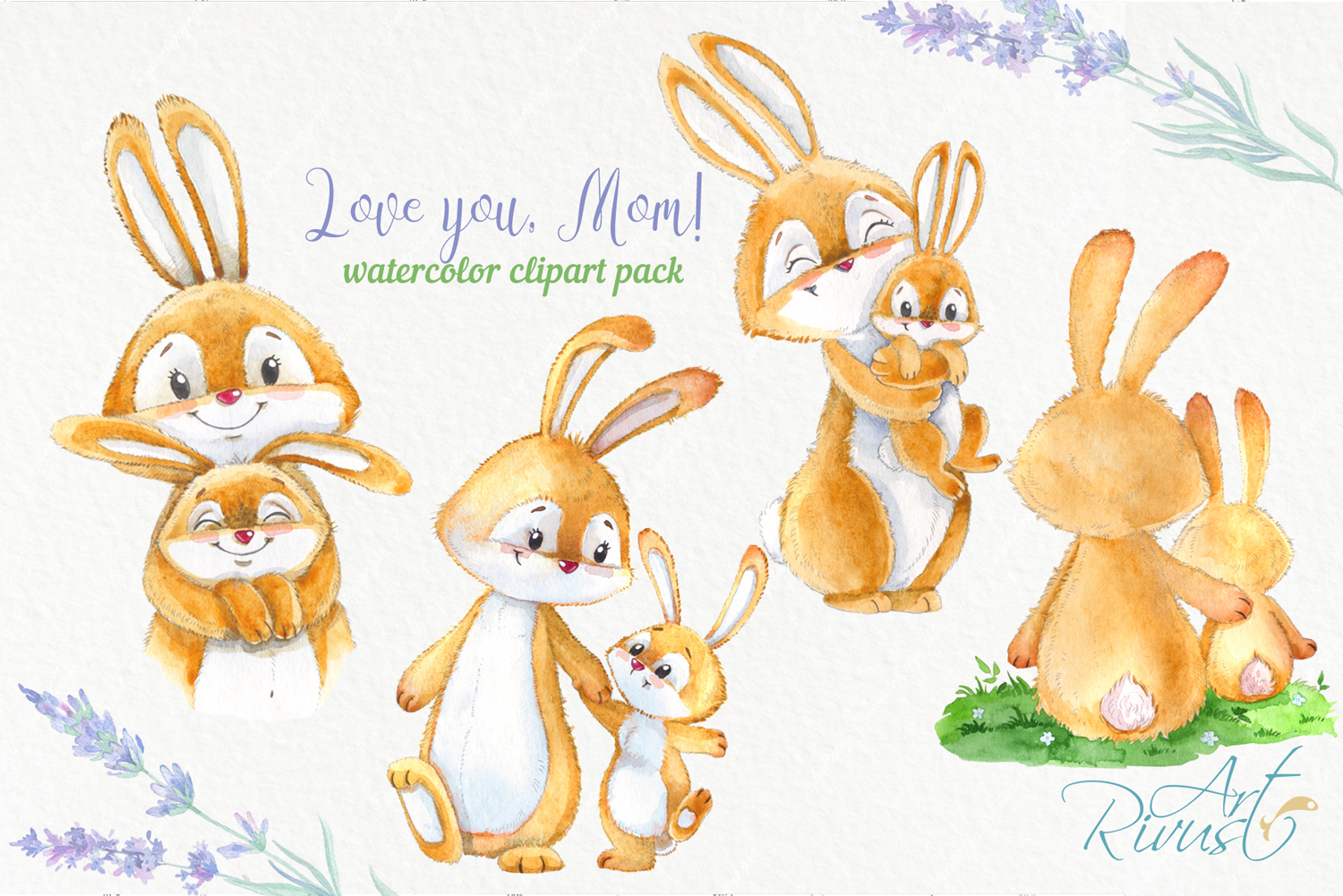 Cute bunny and mom Mothers day watercolor rabbits clipart (288931