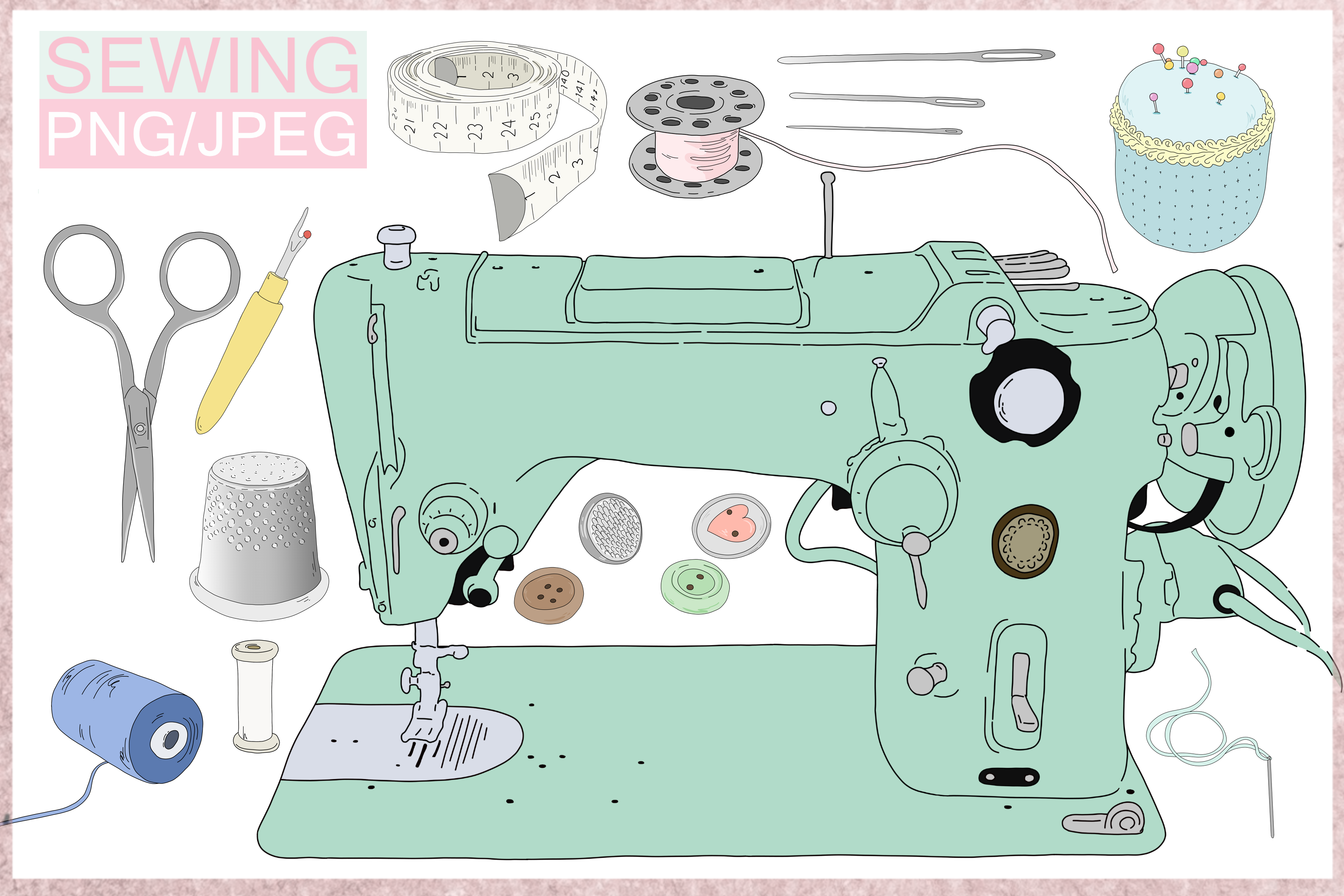 Cartoon Sewing Bundle | 11 illustrations | PNG/JPEG Clip Art