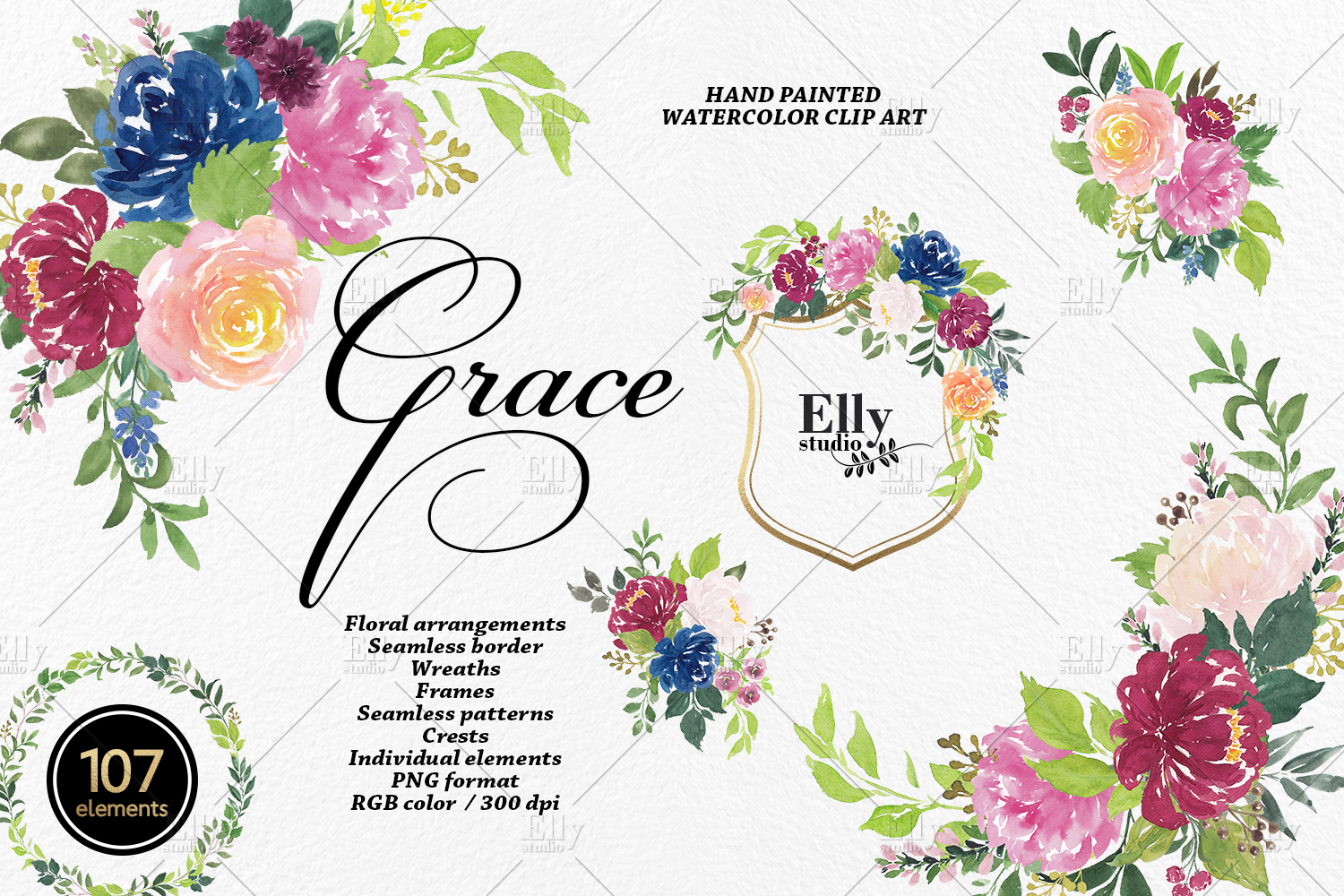 Watercolor flowers clip art Grace