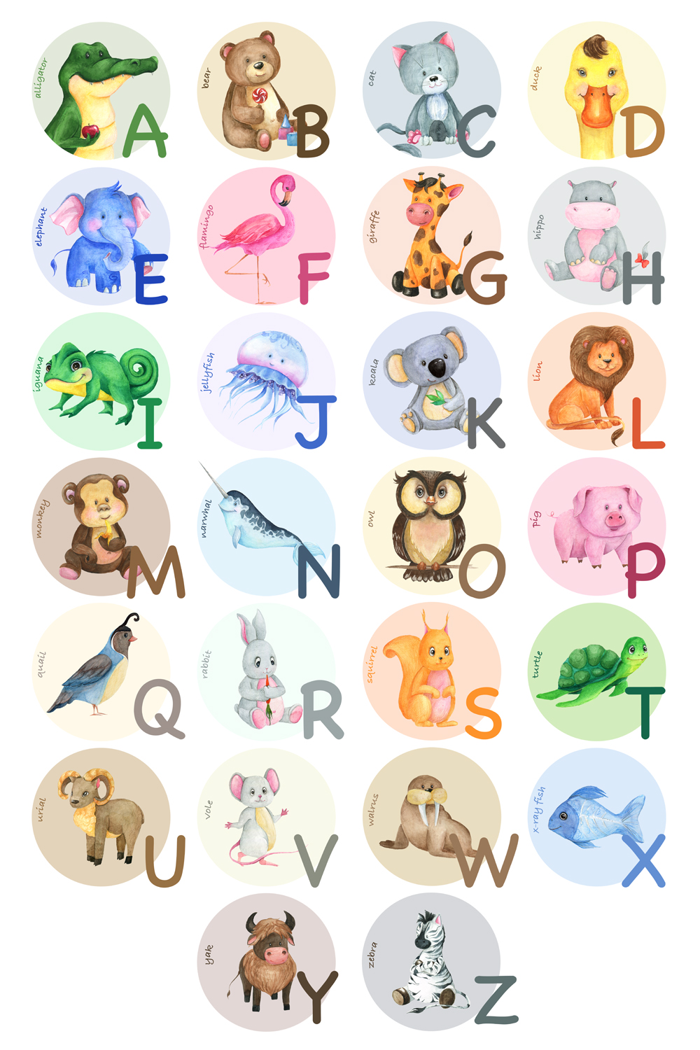 Cute watercolor animal alphabet