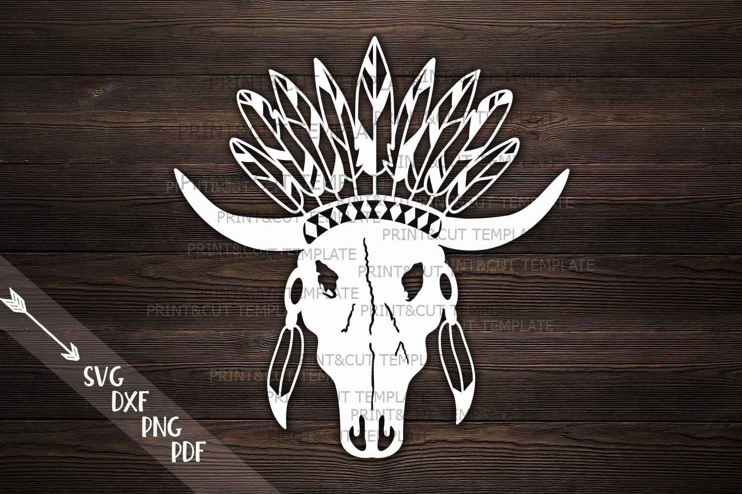 Bull Cow Skull With Feathers Boho Style Cutting Template