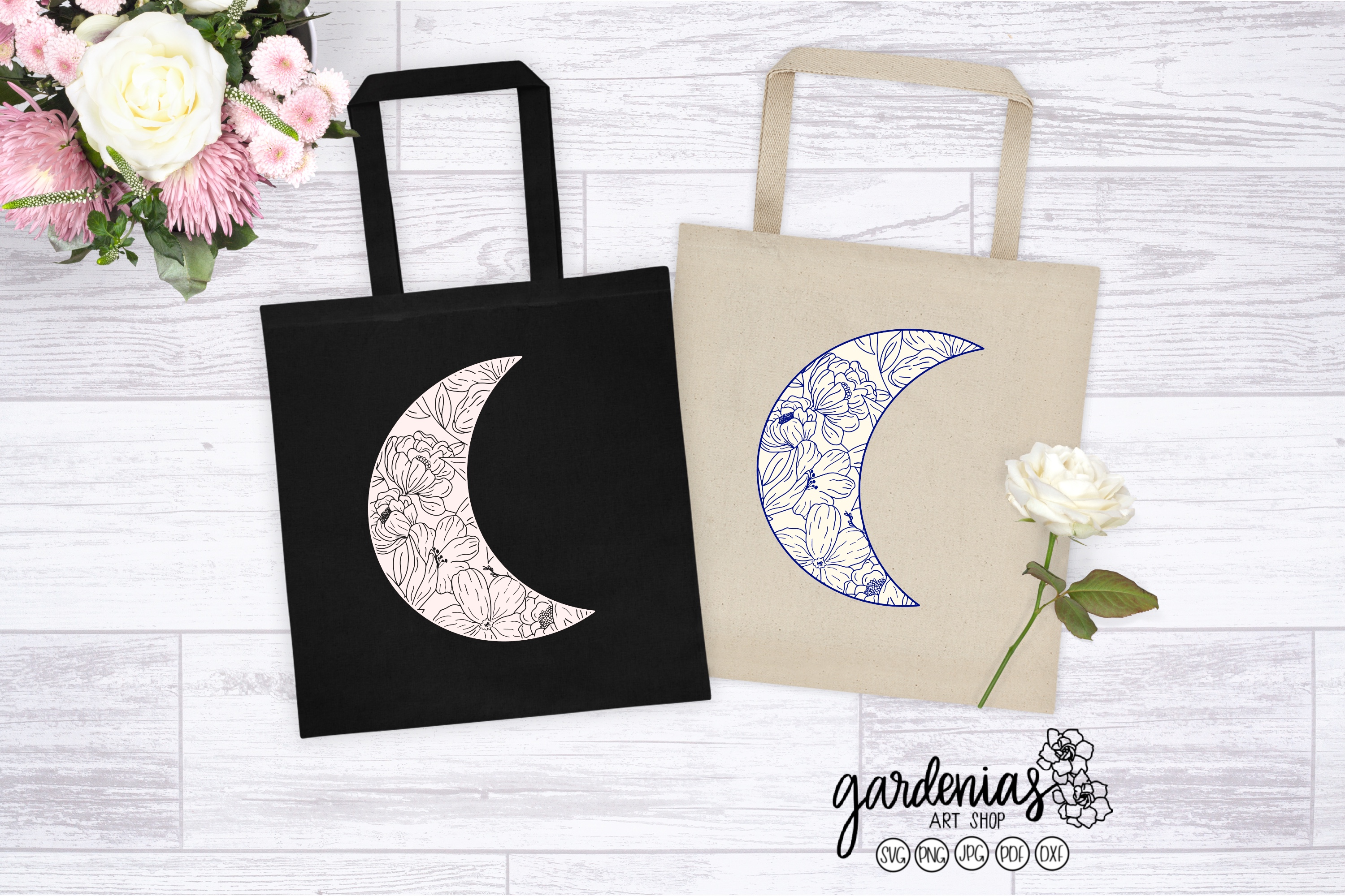 Download Crescent Moon with Flowers SVG | Floral Moon Cut Files