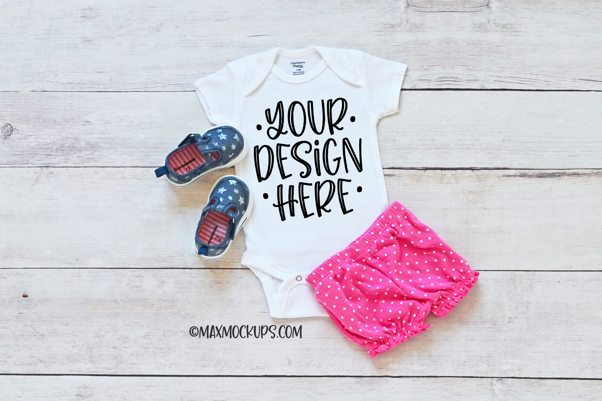 Download White baby bodysuit mockup, flatlay, with pink shorts ...