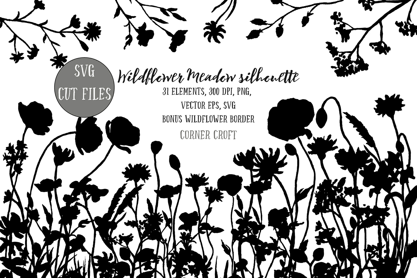 Wildflower meadow illustration silhouette, PNG, SVG and EPS
